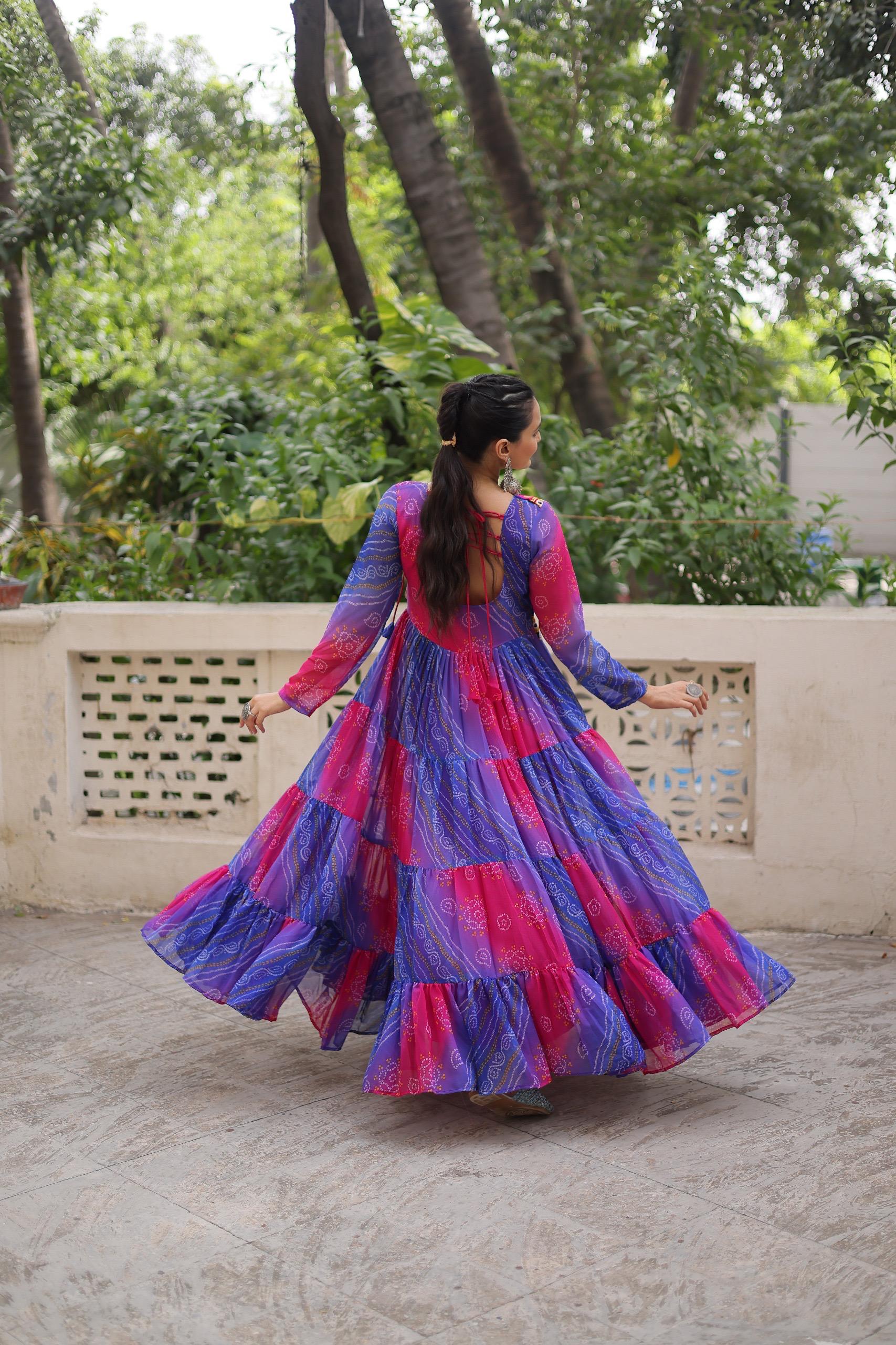 Blue & Red Bandhej Laheriya Gown with Kutchi Patch Work