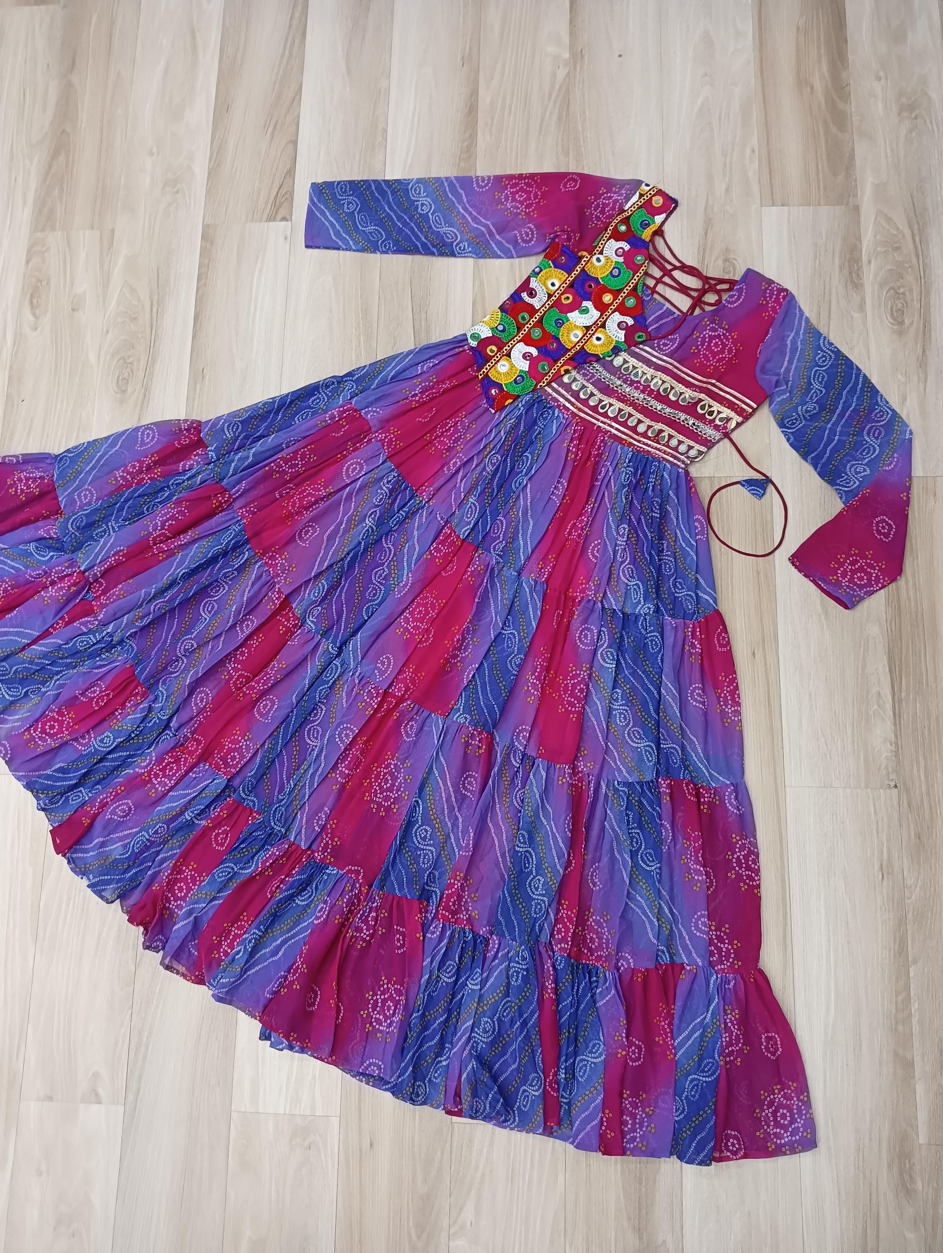 Blue & Red Bandhej Laheriya Gown with Kutchi Patch Work