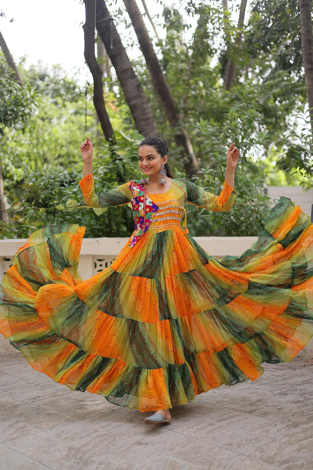 Yellow Bandhej Laheriya Gown with Kutchi Patch Work
