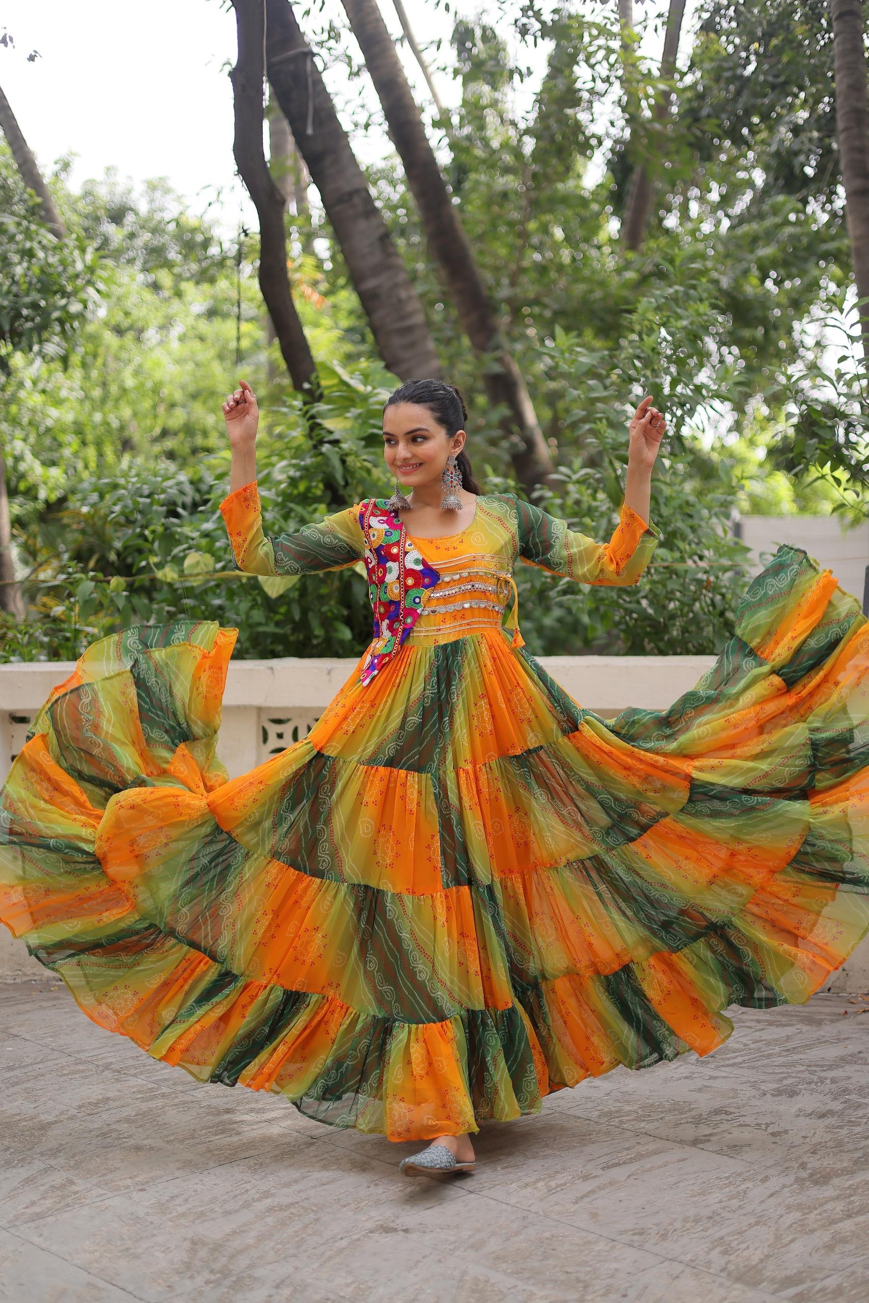 Yellow Bandhej Laheriya Gown with Kutchi Patch Work