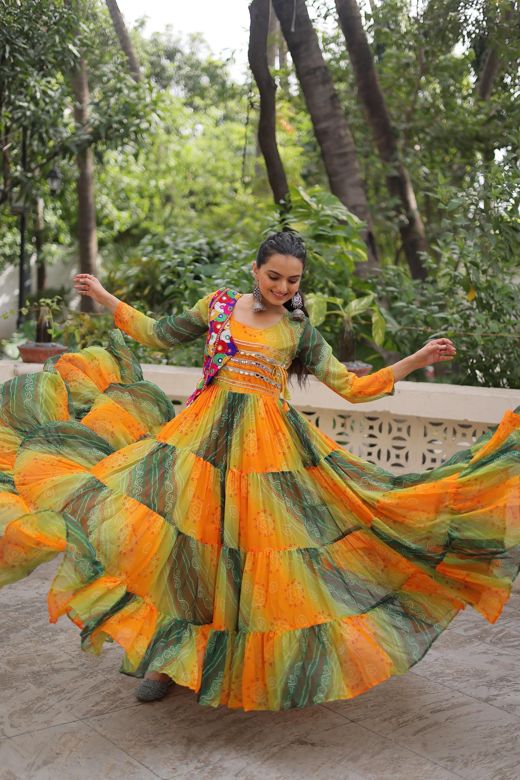 Yellow Bandhej Laheriya Gown with Kutchi Patch Work