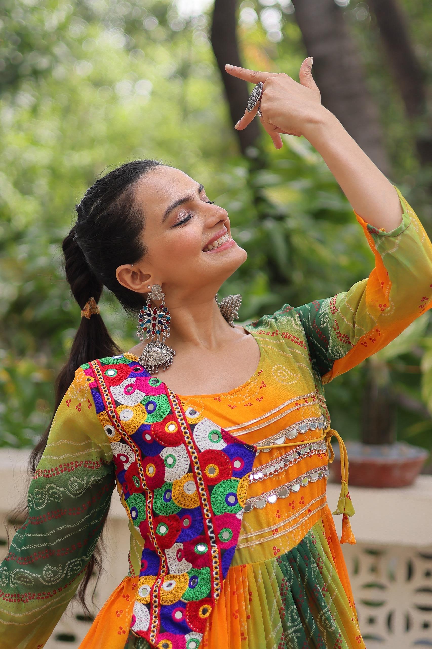Yellow Bandhej Laheriya Gown with Kutchi Patch Work