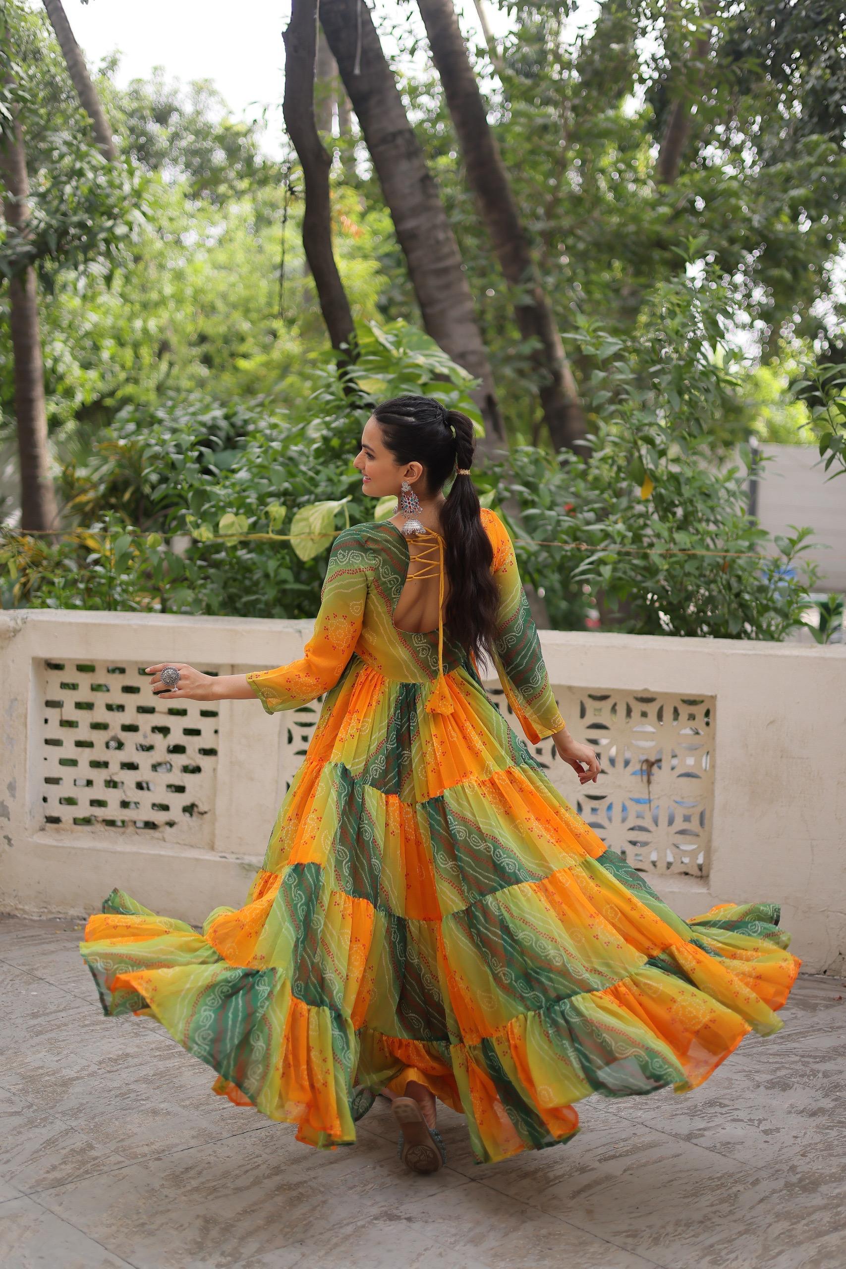 Yellow Bandhej Laheriya Gown with Kutchi Patch Work