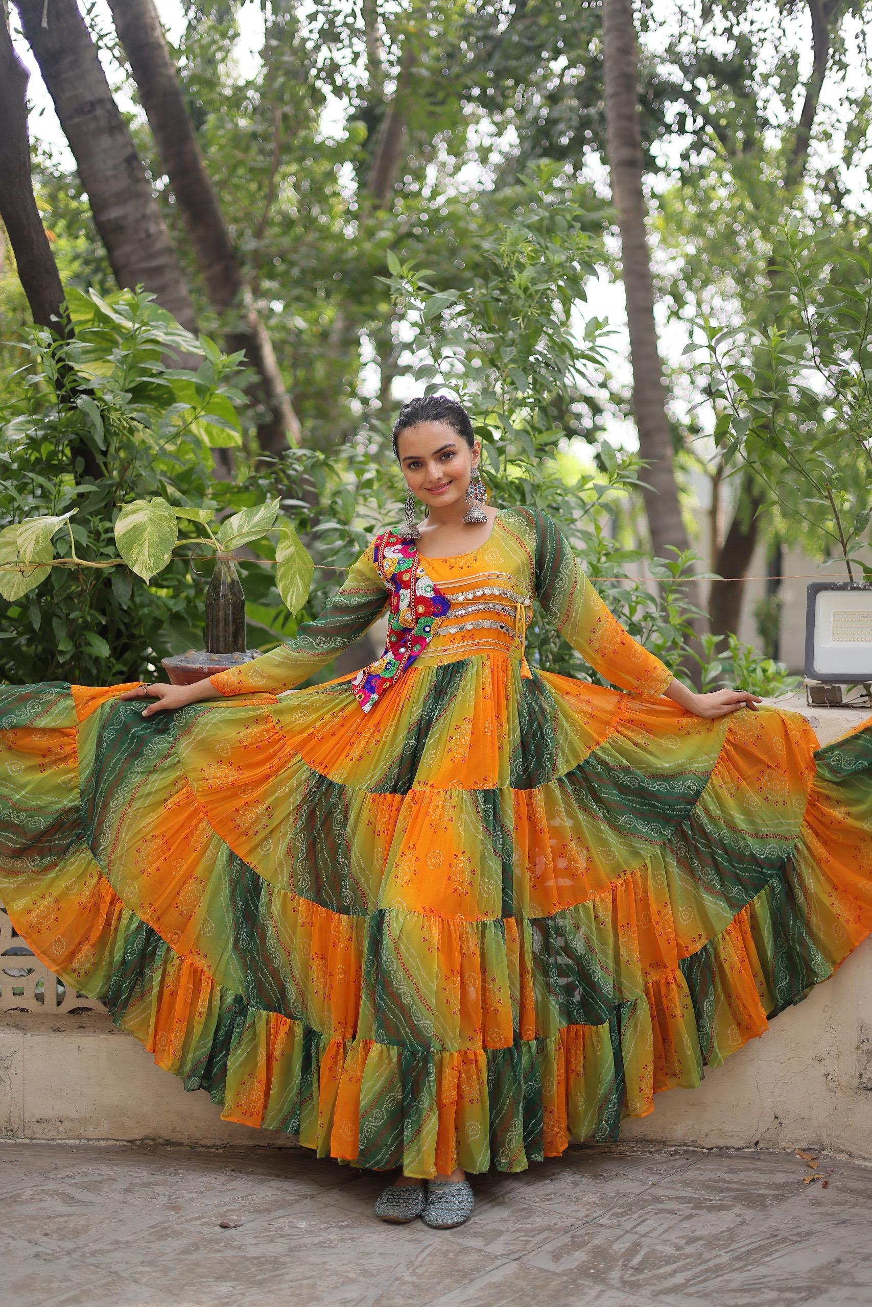 Yellow Bandhej Laheriya Gown with Kutchi Patch Work