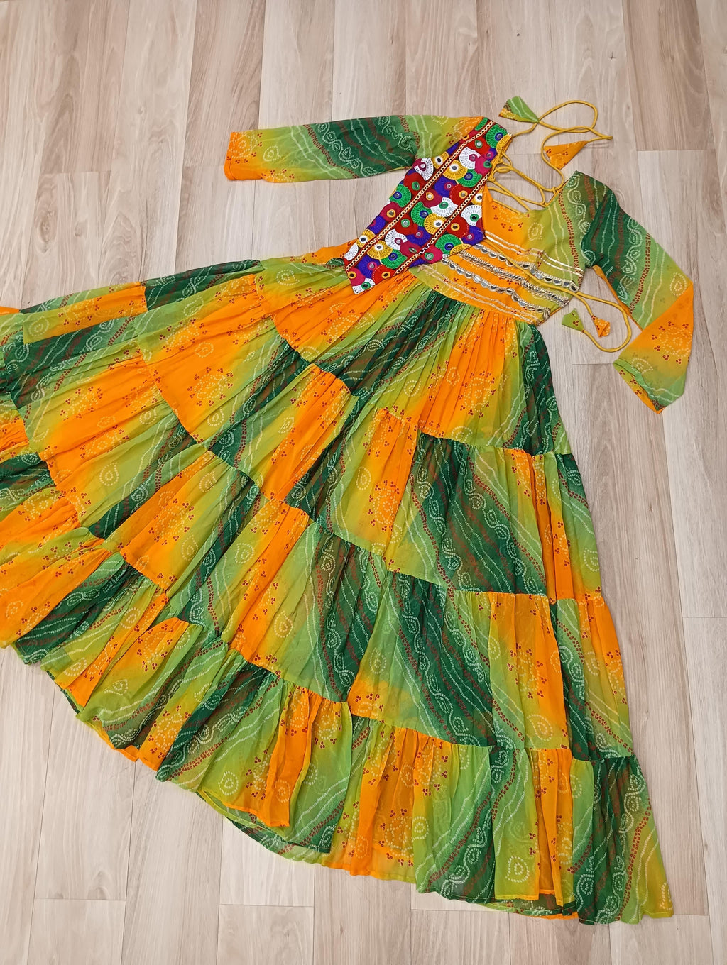 Yellow Bandhej Laheriya Gown with Kutchi Patch Work