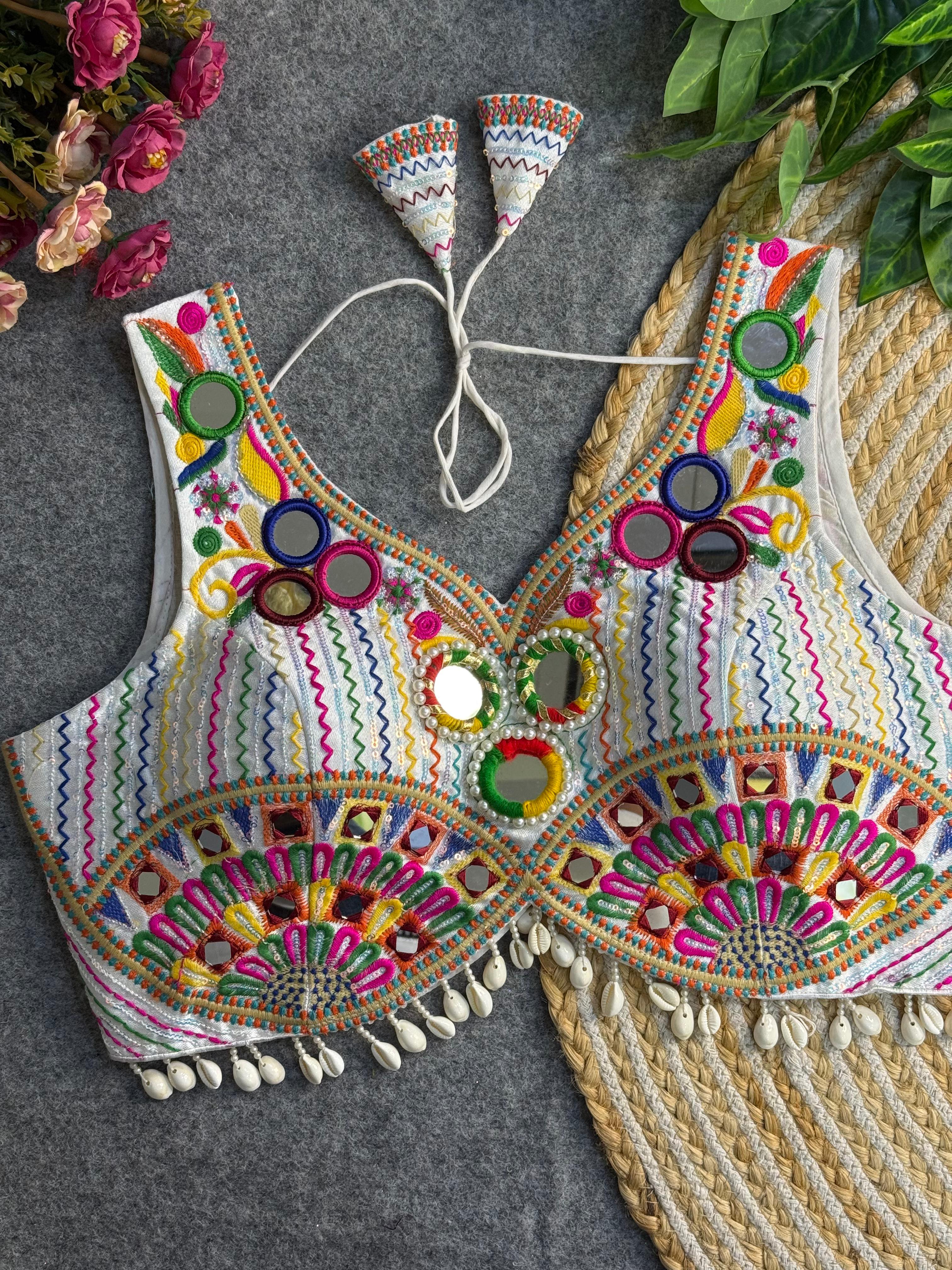 White Navratri Radiance: Apple Cut Mirror Work Garba Choli
