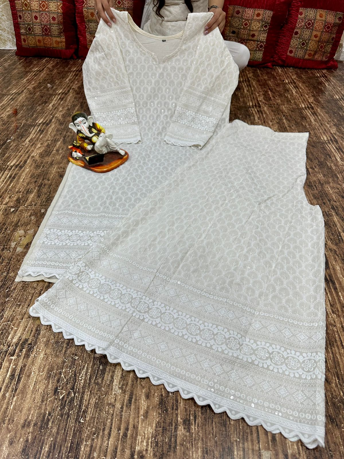 White Elegant Kalidar Punjabi Kurta Sharara Set (up to 4 XL)