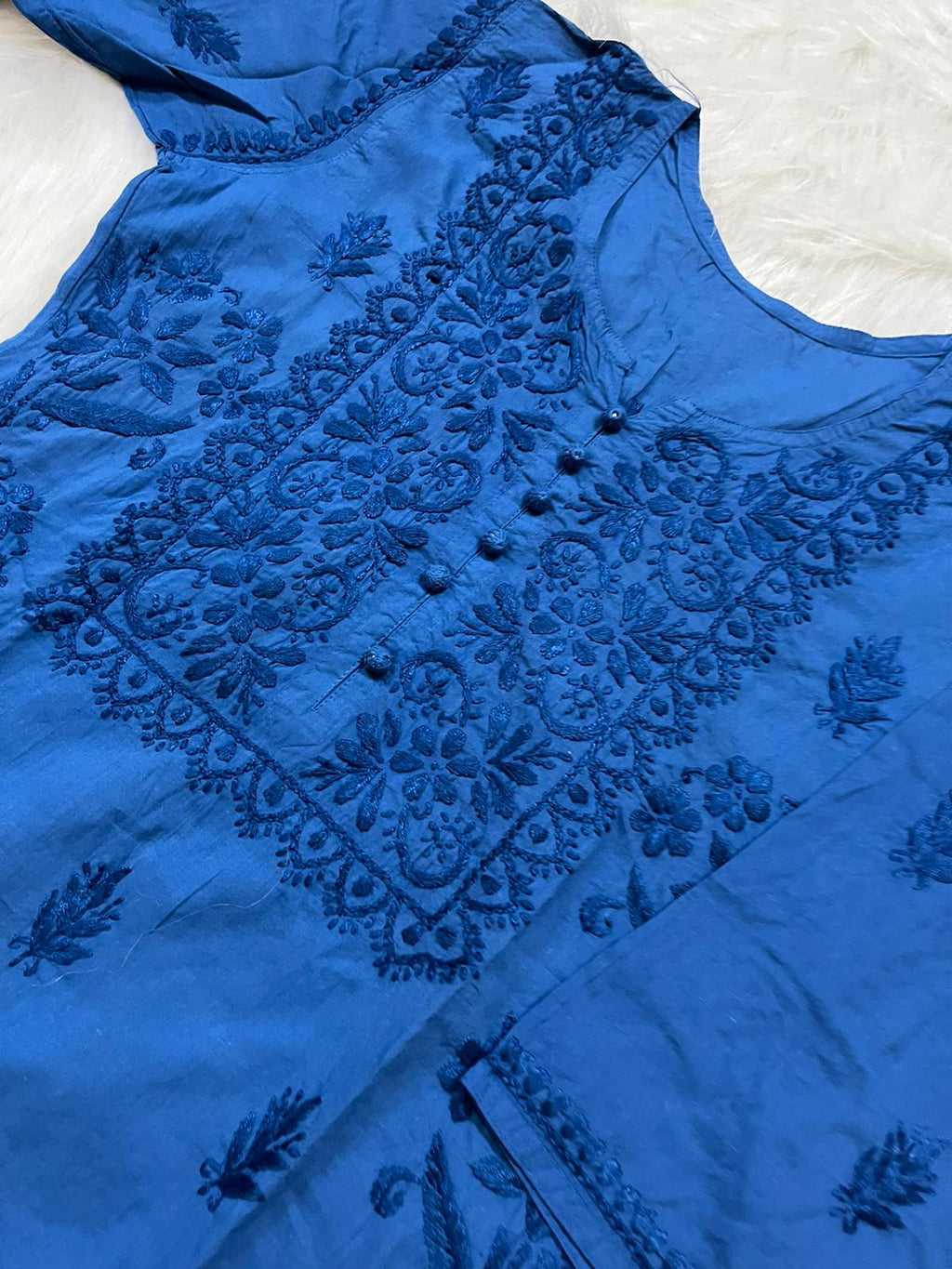 Royal Blue Cotton Chikankari Hand Work Kurta Pant Suits