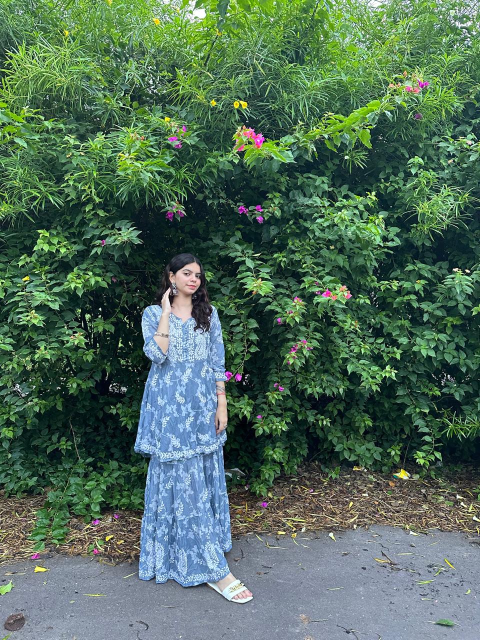 Blueish Grey Premium Lucknow Chikankari Mulmul Gharara Set
