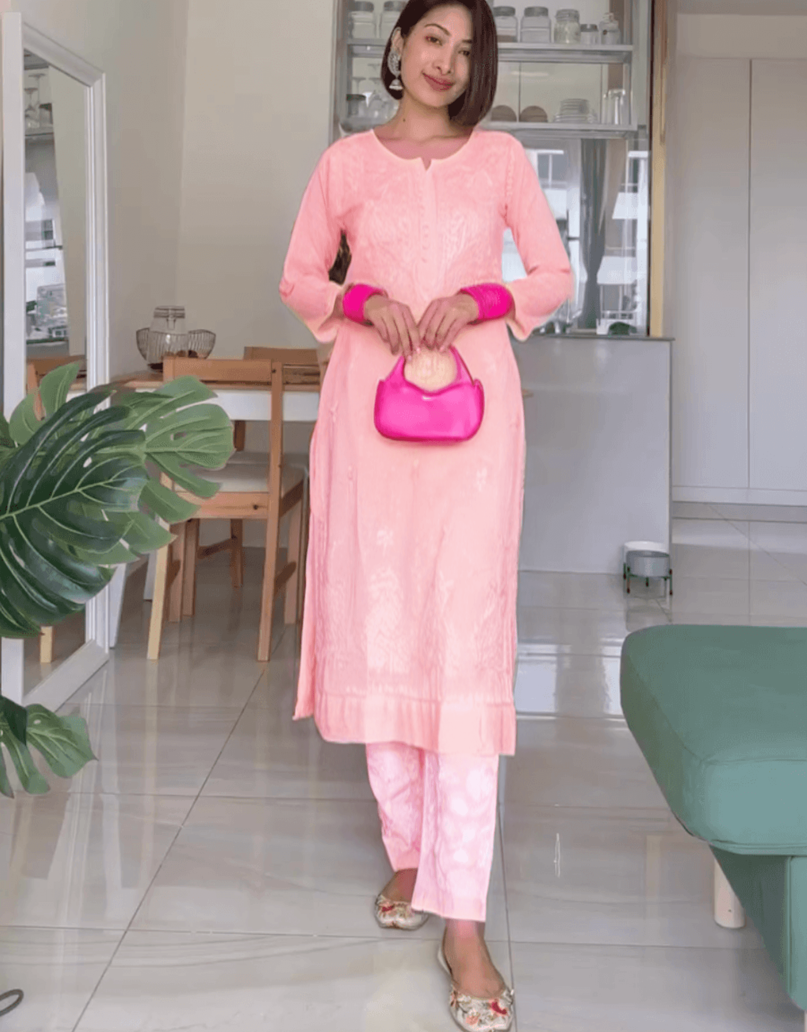 Baby Pink Cotton Chikankari Hand Work Kurti Pant Sets - Inayakhan Shop 