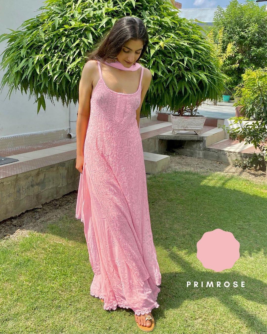 Baby Pink Viscose Strappy Chikankari Handwork Short Kurti , Viscose Sharara, Chiffon Dupatta - Inayakhan Shop 