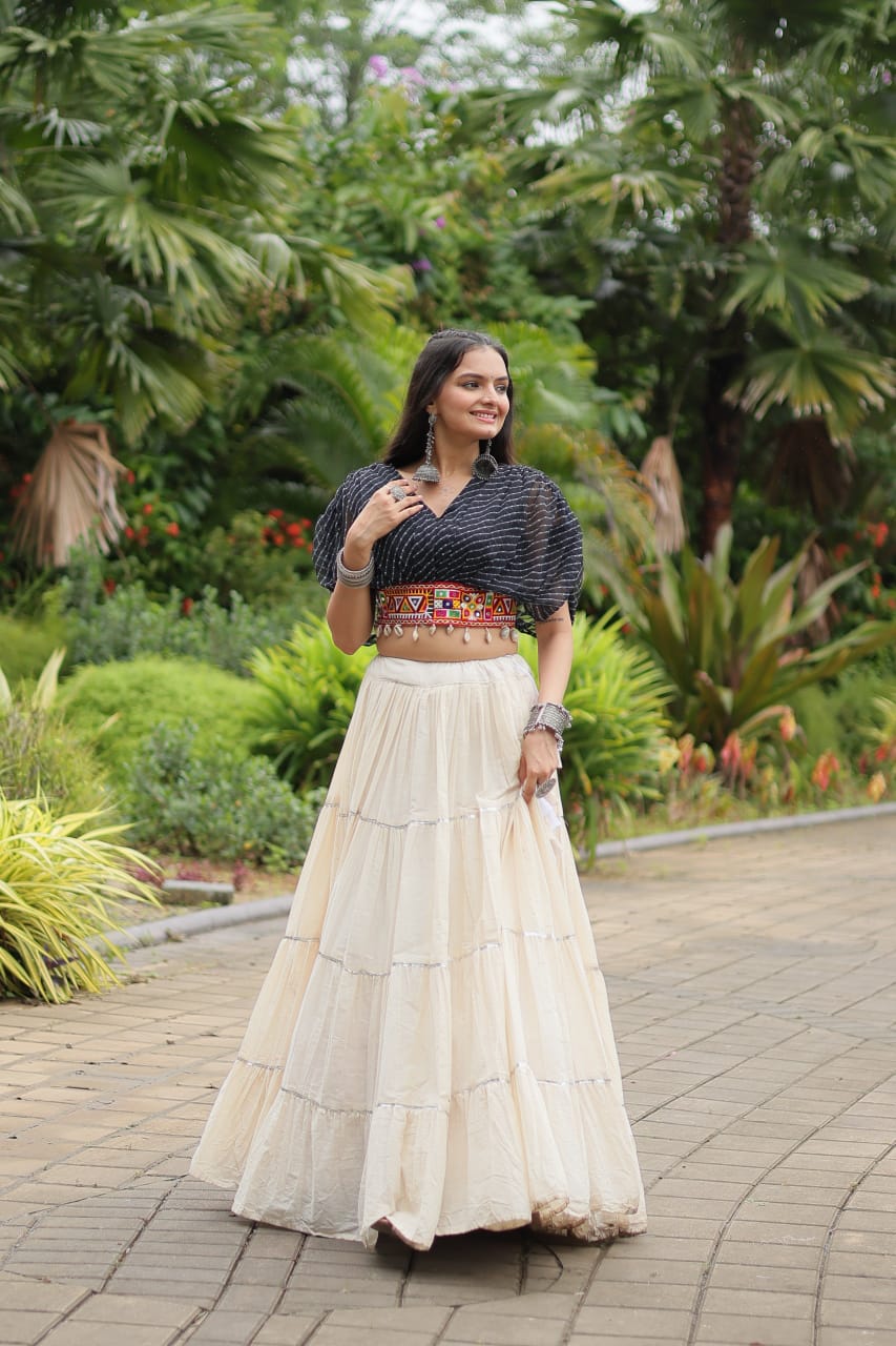 Black Navratri Twirl: Kora Cotton Garba Lehenga with 12-Meter Flair