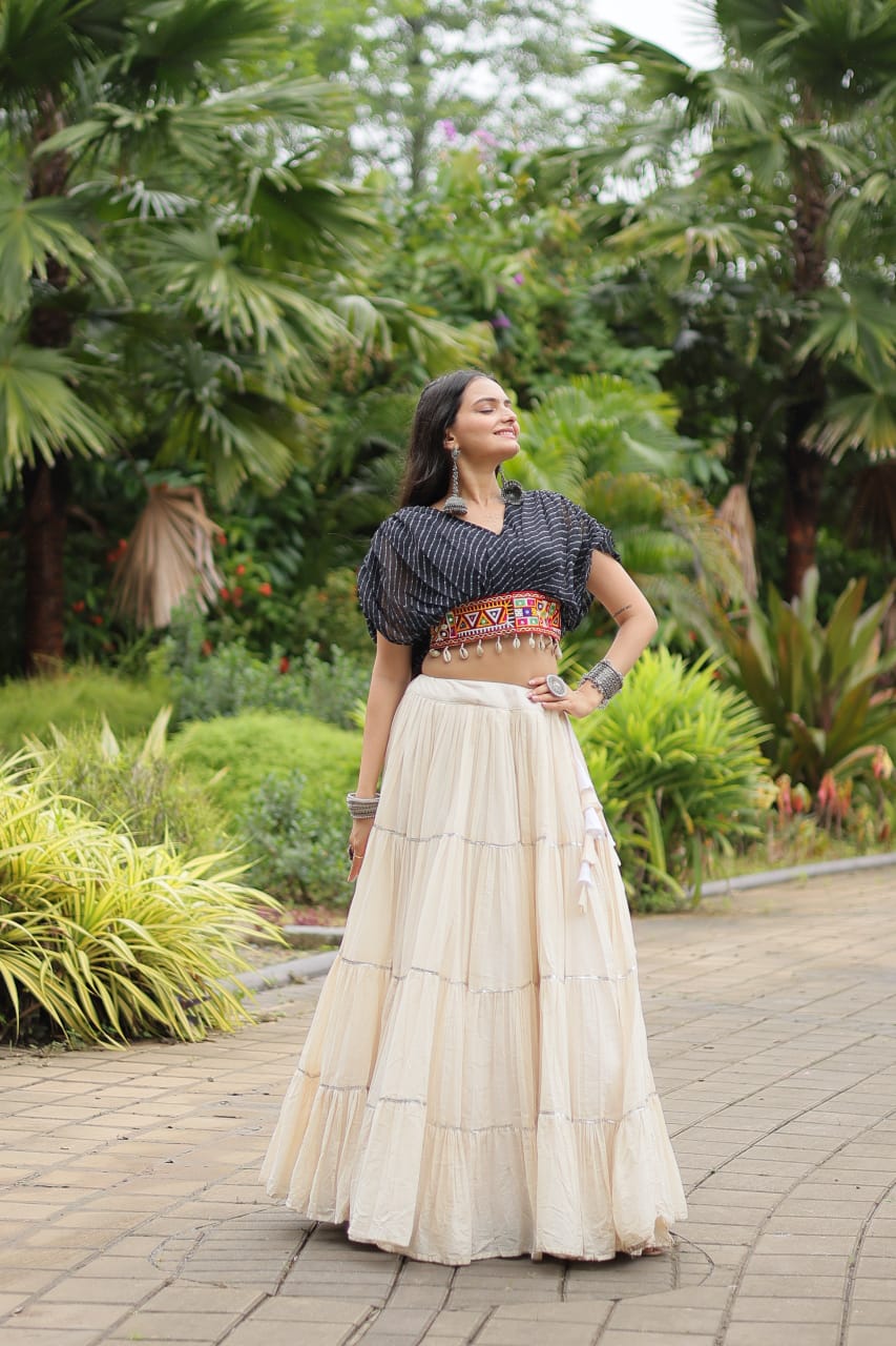 Black Navratri Twirl: Kora Cotton Garba Lehenga with 12-Meter Flair
