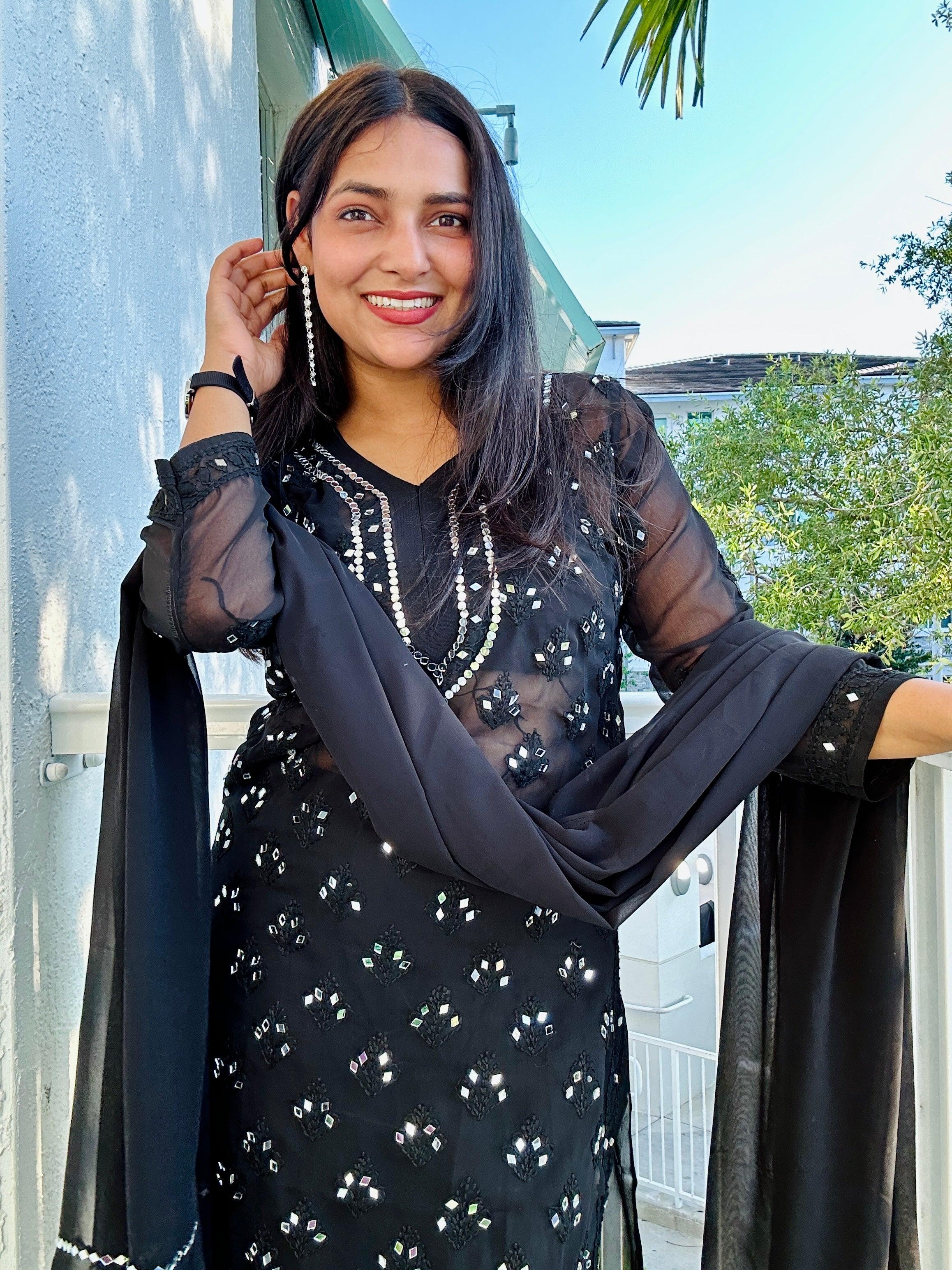 Black Chikankari Elegance Ombré Mirror Booti Jaal Set - Kurti, Sharara & Dupatta - Inayakhan Shop 
