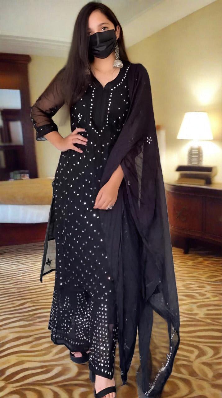 Black Chikankari Elegance Ombré Mirror Booti Jaal Set - Kurti, Sharara & Dupatta - Inayakhan Shop 