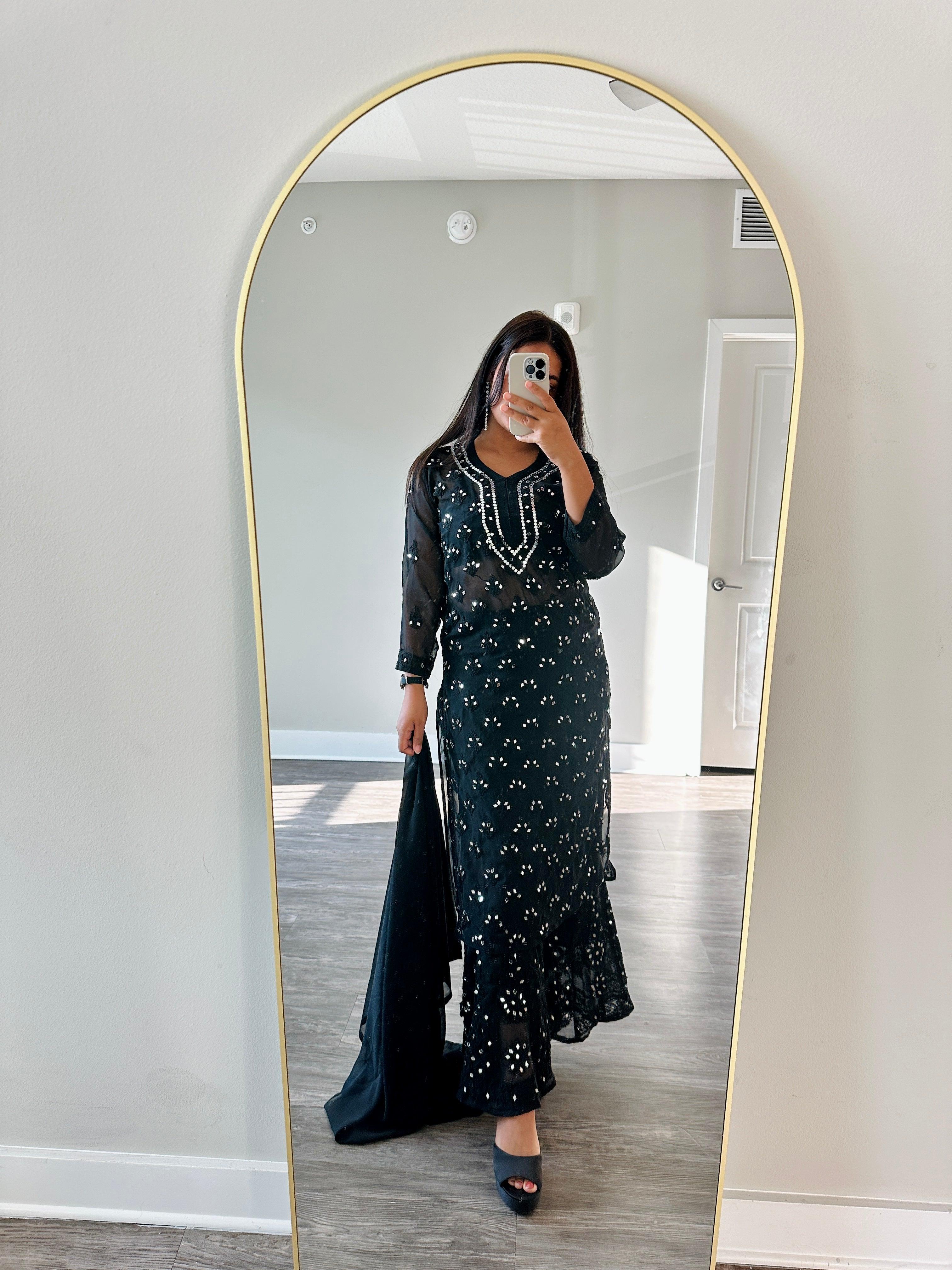 Black Chikankari Elegance Ombré Mirror Booti Jaal Set - Kurti, Sharara & Dupatta - Inayakhan Shop 