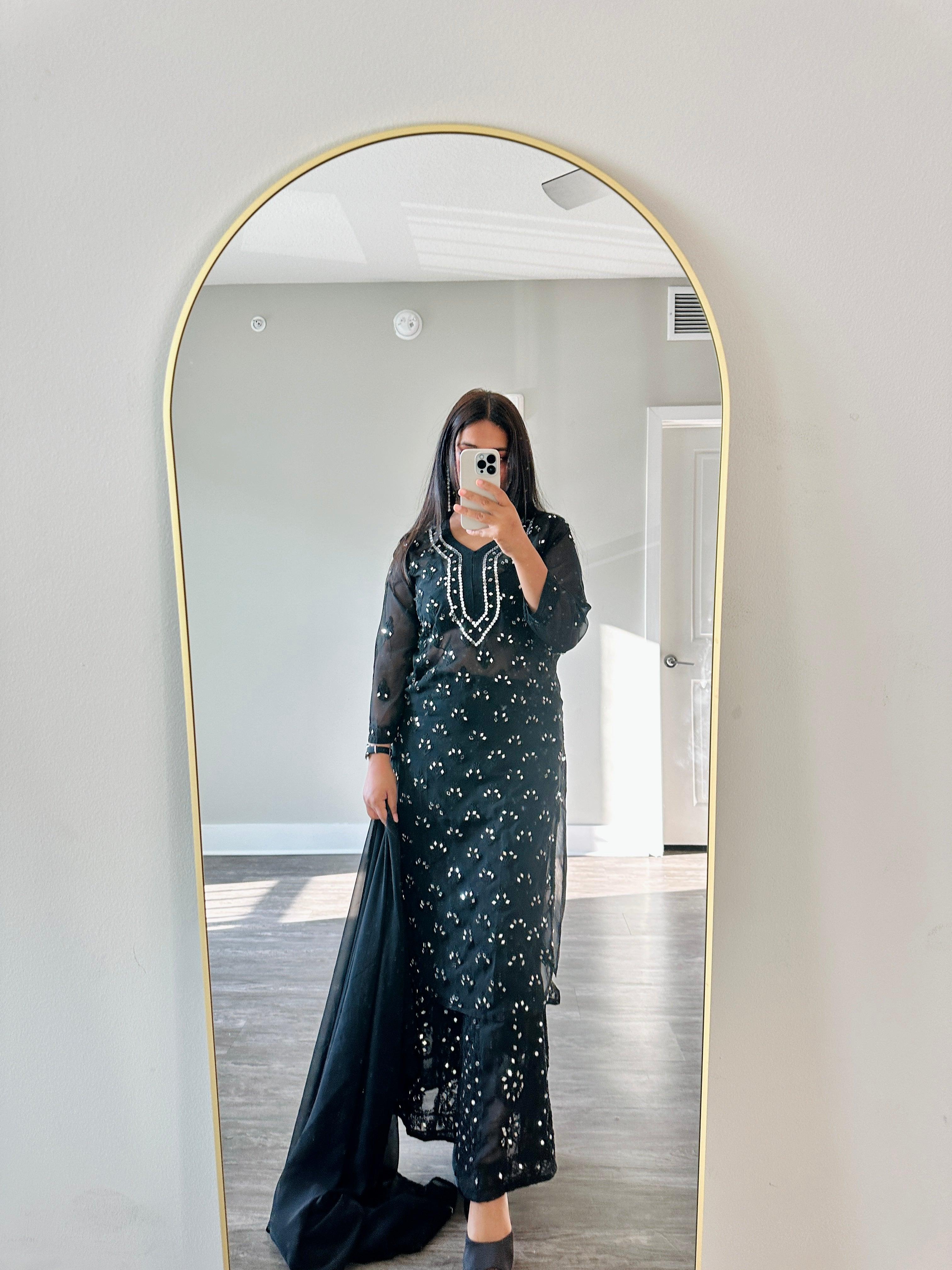 Black Chikankari Elegance Ombré Mirror Booti Jaal Set - Kurti, Sharara & Dupatta - Inayakhan Shop 