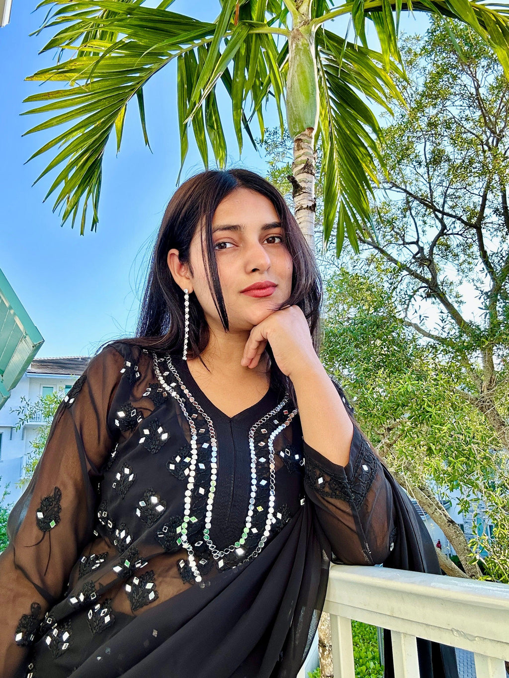 Black Chikankari Elegance Ombré Mirror Booti Jaal Set - Kurti, Sharara & Dupatta - Inayakhan Shop 