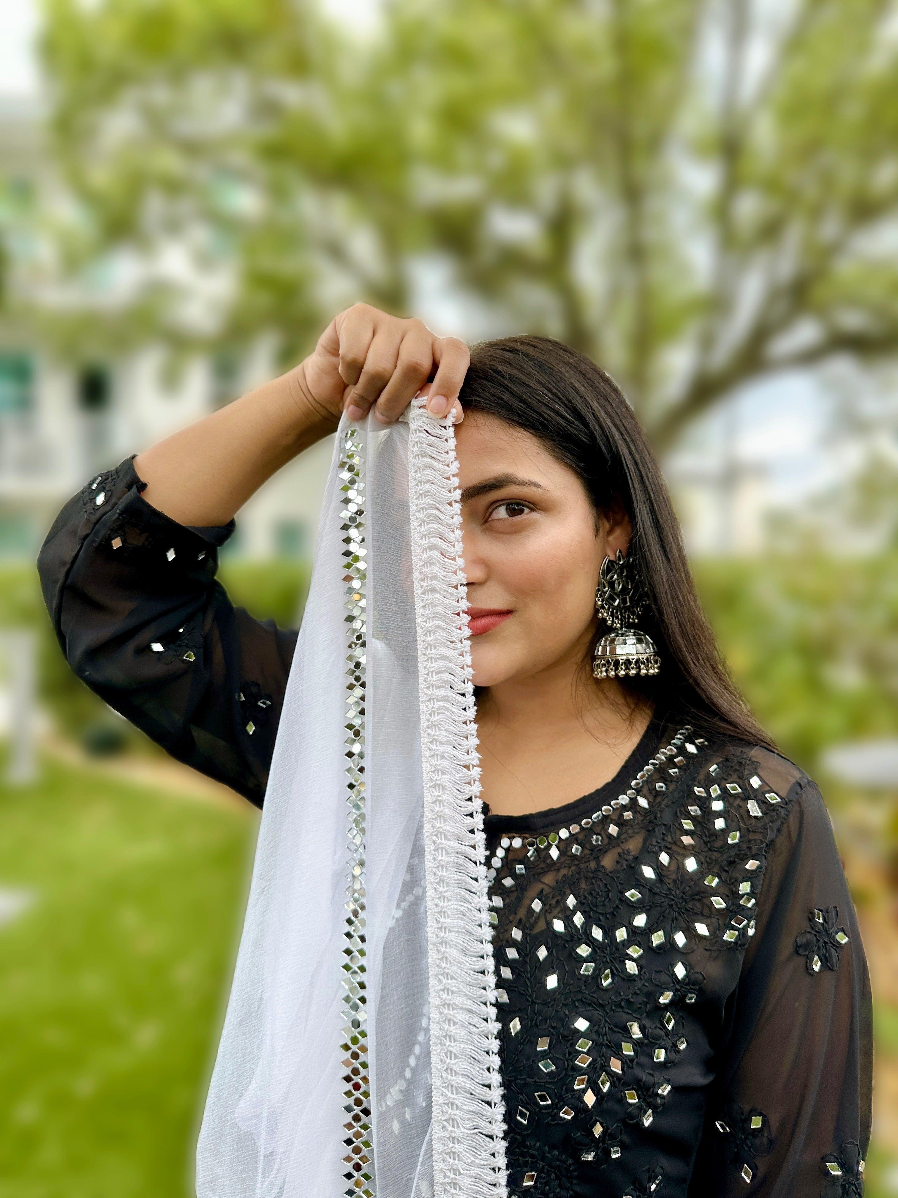 Black Georgette Mirror Gala Booti Chikankari Set with Beautiful Handwork Embroidery - Inayakhan Shop 