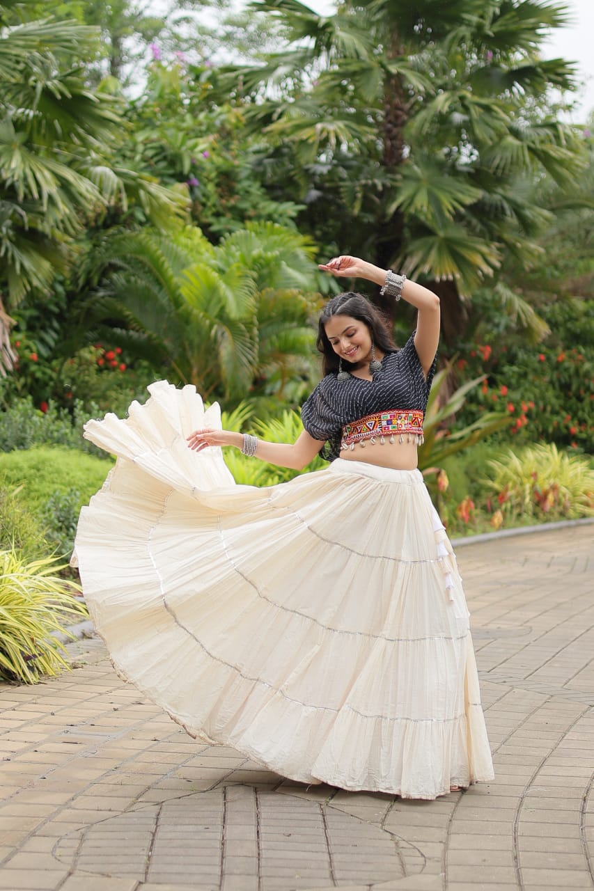 Black Navratri Twirl: Kora Cotton Garba Lehenga with 12-Meter Flair
