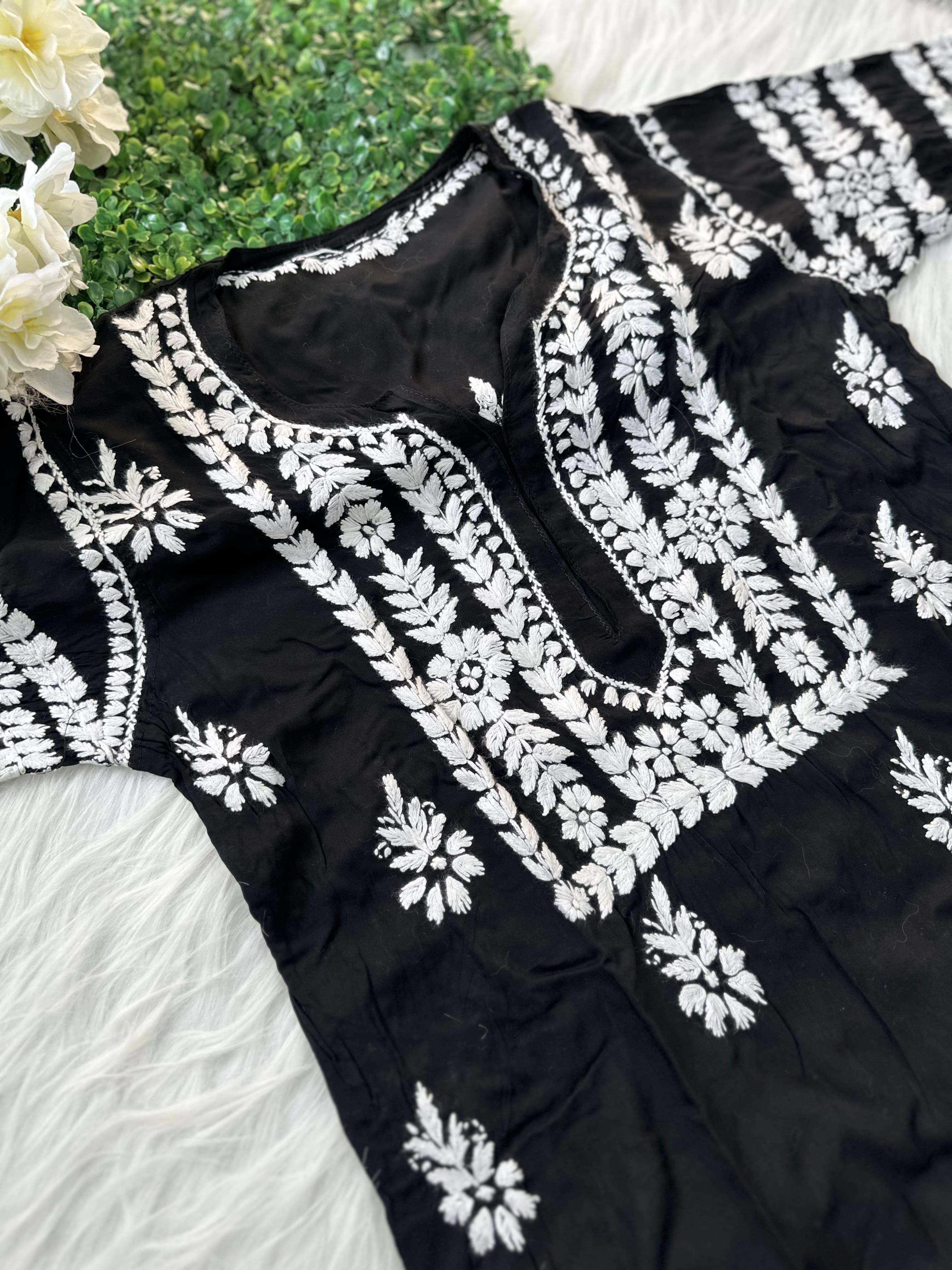 Elegant Black and White Lucknow Chikankari Modal Nyra Cut Set