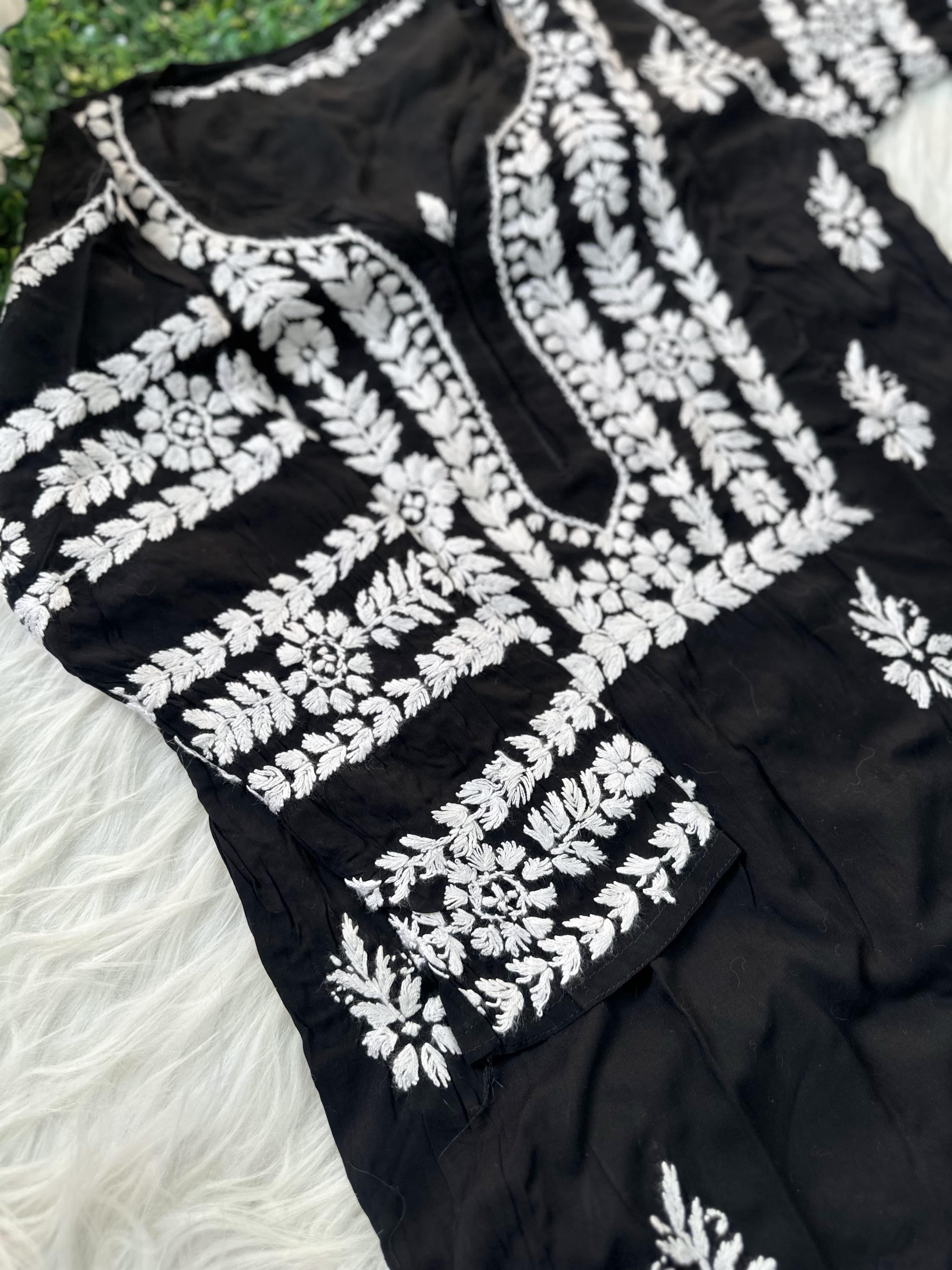 Elegant Black and White Lucknow Chikankari Modal Nyra Cut Set
