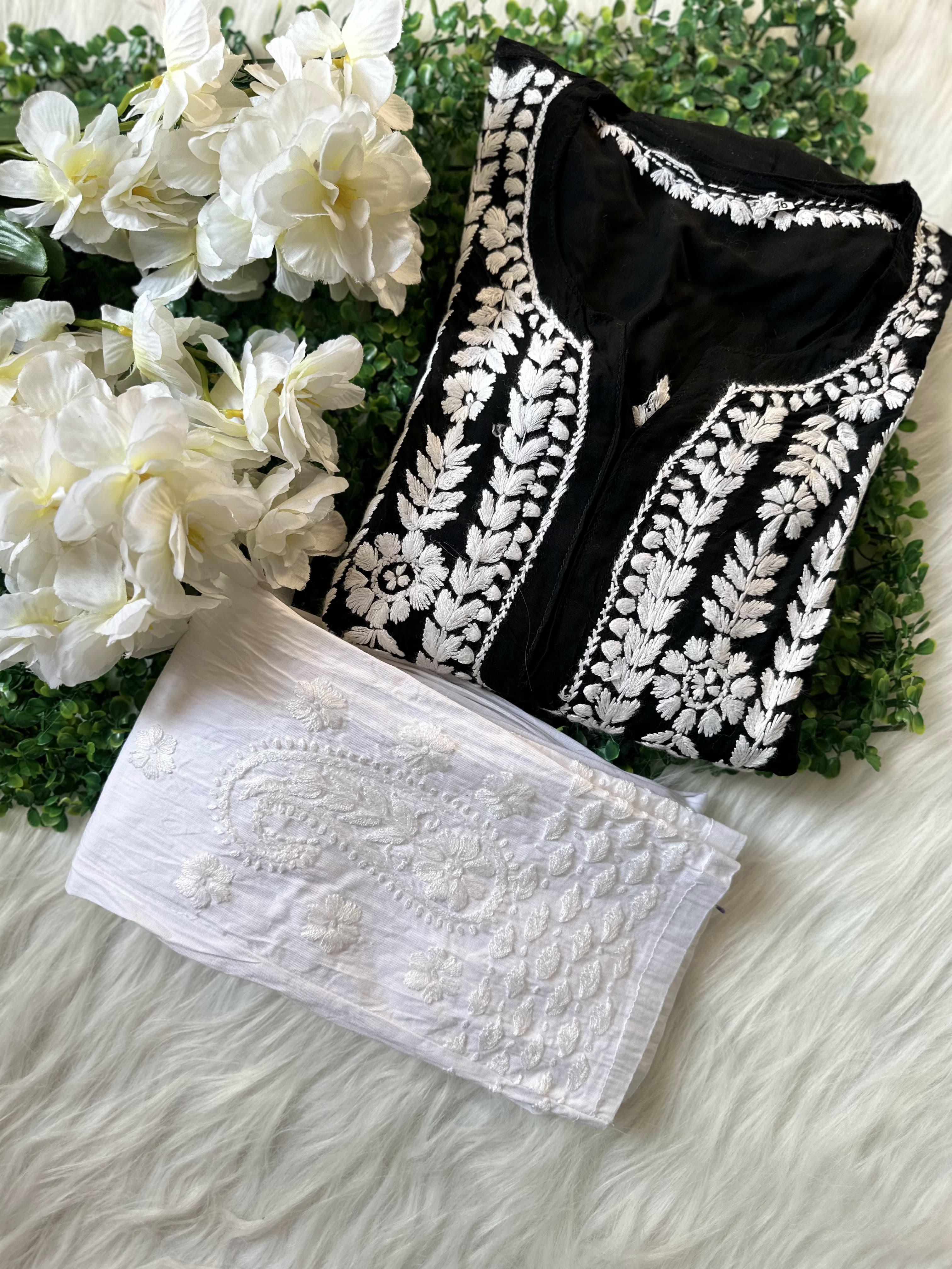 Elegant Black and White Lucknow Chikankari Modal Nyra Cut Set