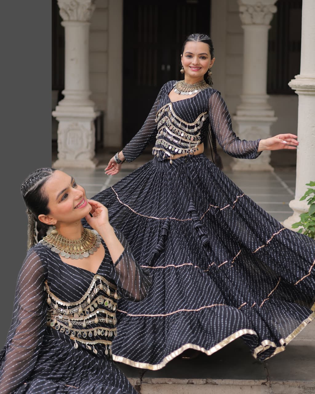 Black Leheriya Print Garba Navratri Chaniya Choli with 12-Meter Flair