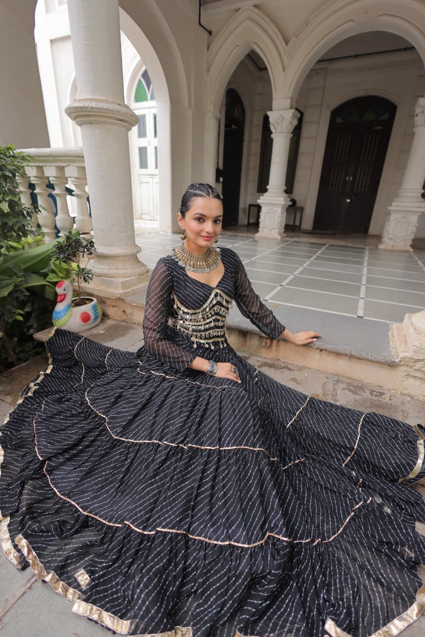 Black Leheriya Print Garba Navratri Chaniya Choli with 12-Meter Flair