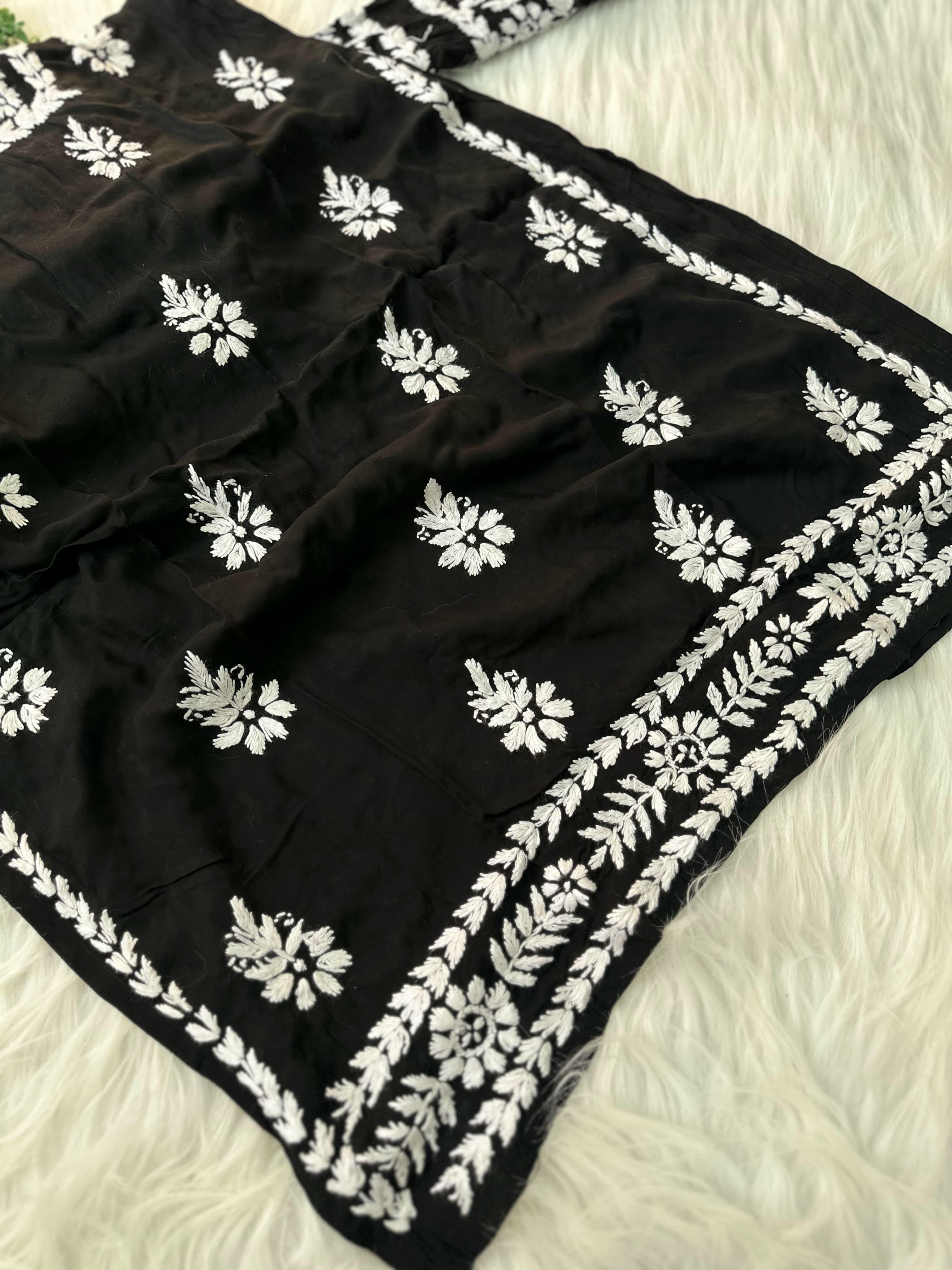 Elegant Black and White Lucknow Chikankari Modal Nyra Cut Set