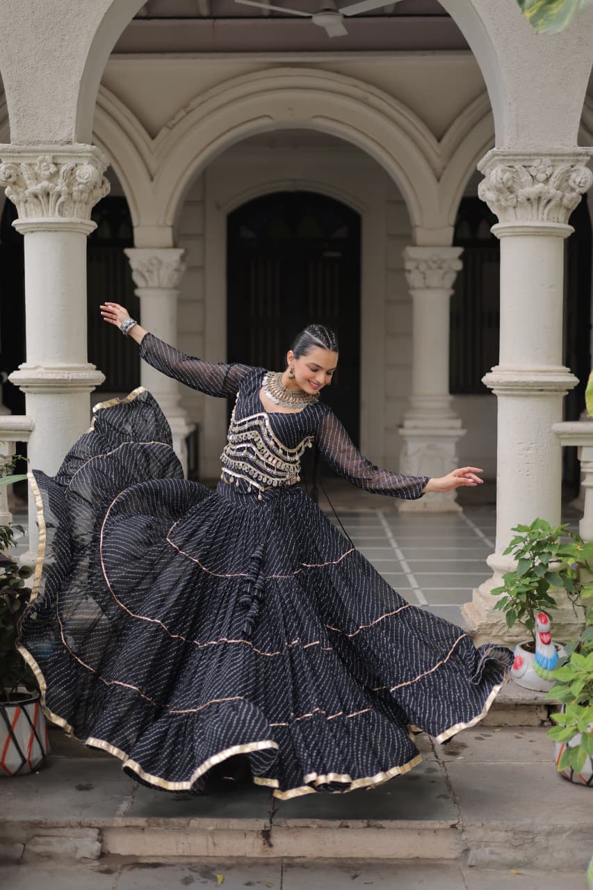 Black Leheriya Print Garba Navratri Chaniya Choli with 12-Meter Flair
