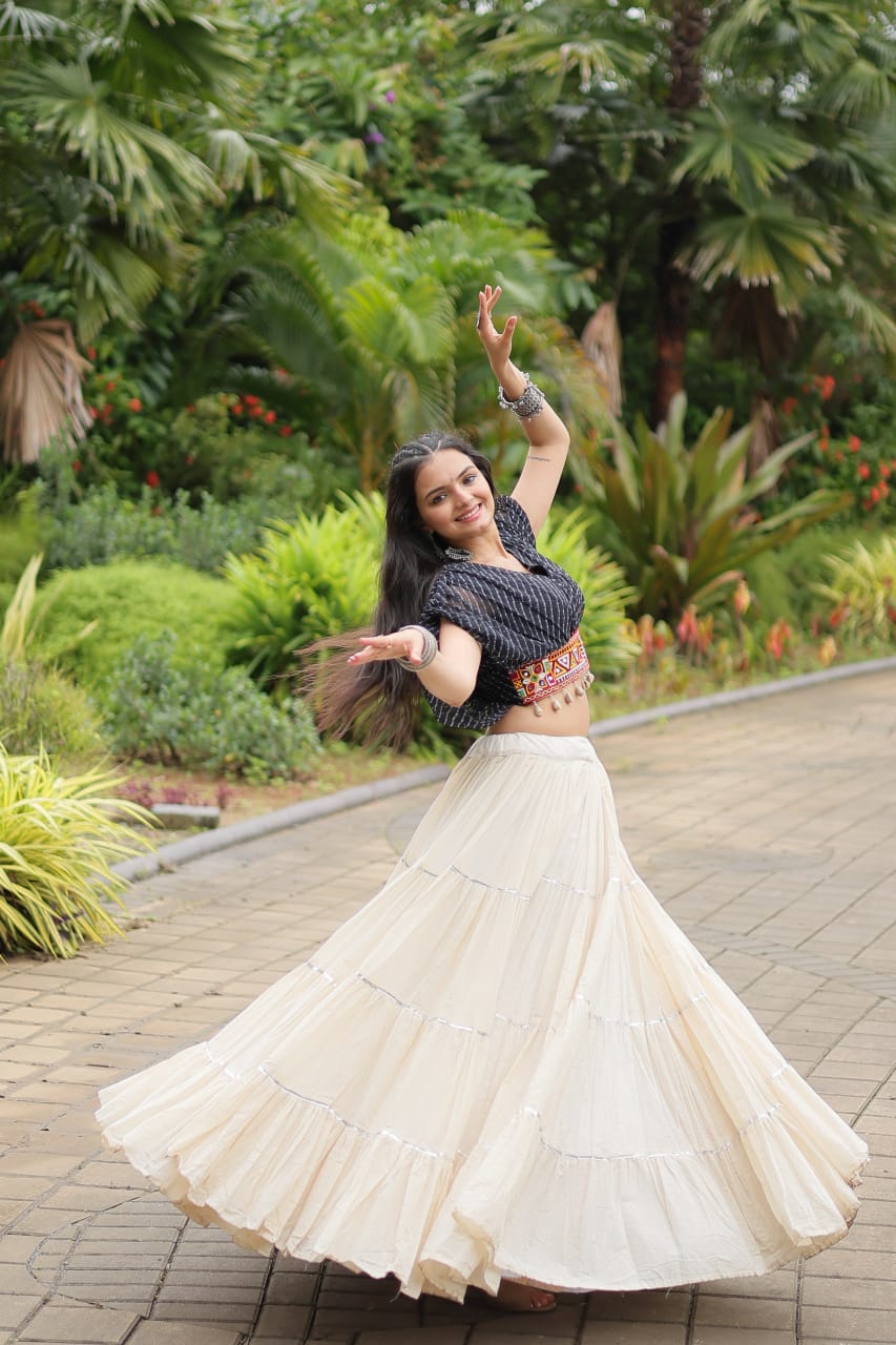 Black Navratri Twirl: Kora Cotton Garba Lehenga with 12-Meter Flair