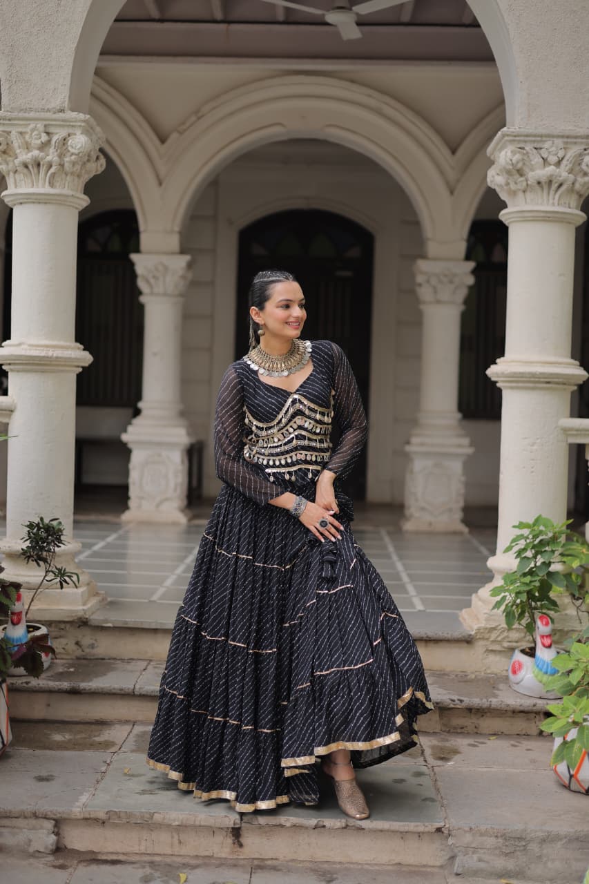 Black Leheriya Print Garba Navratri Chaniya Choli with 12-Meter Flair