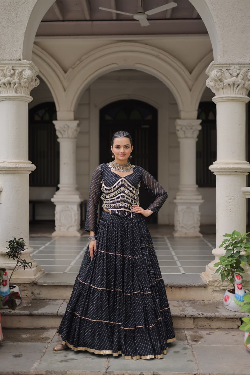 Black Leheriya Print Garba Navratri Chaniya Choli with 12-Meter Flair