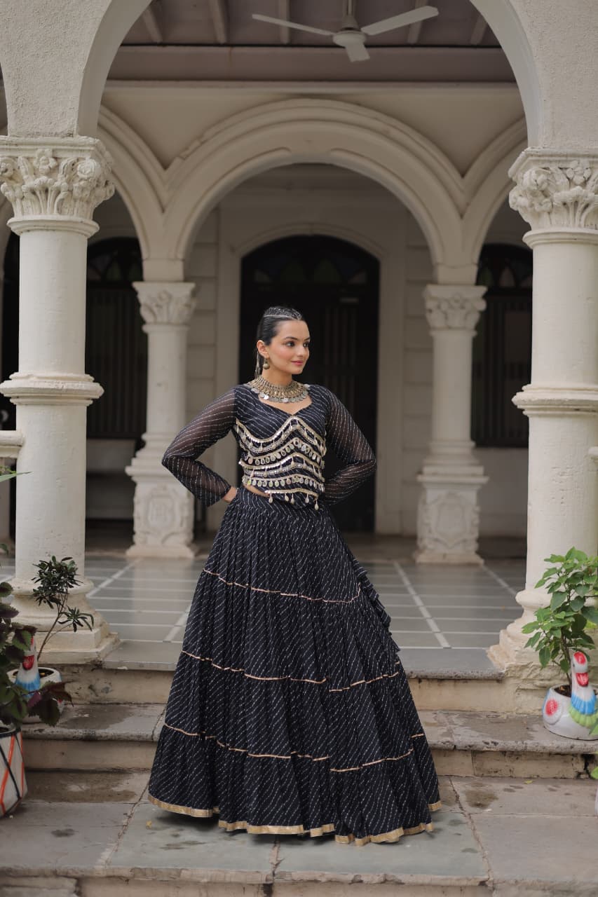 Black Leheriya Print Garba Navratri Chaniya Choli with 12-Meter Flair