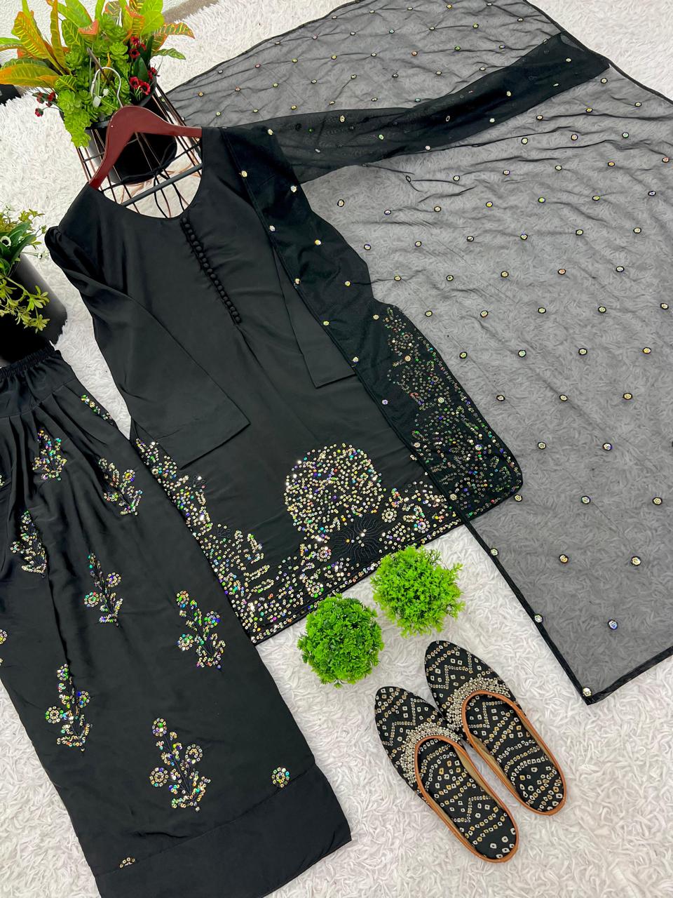 Black Elegant Embroidered Crepe Silk Farshi Salwar Kameez | Ready to Wear