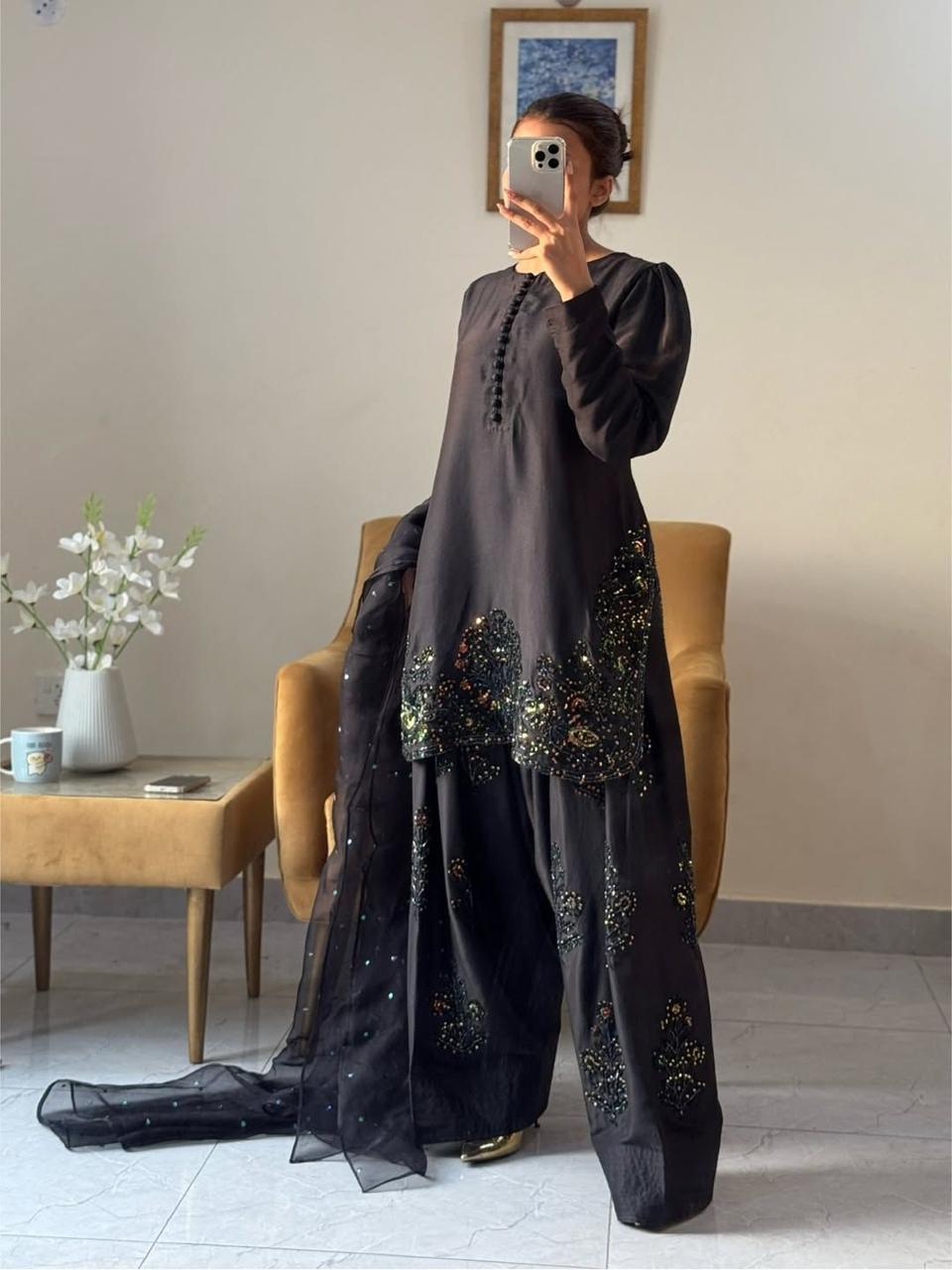 Black Elegant Embroidered Crepe Silk Farshi Salwar Kameez | Ready to Wear