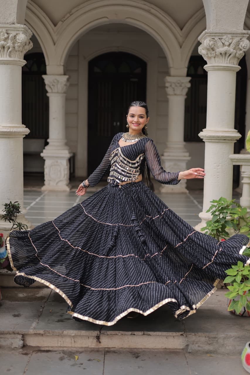 Black Leheriya Print Garba Navratri Chaniya Choli with 12-Meter Flair