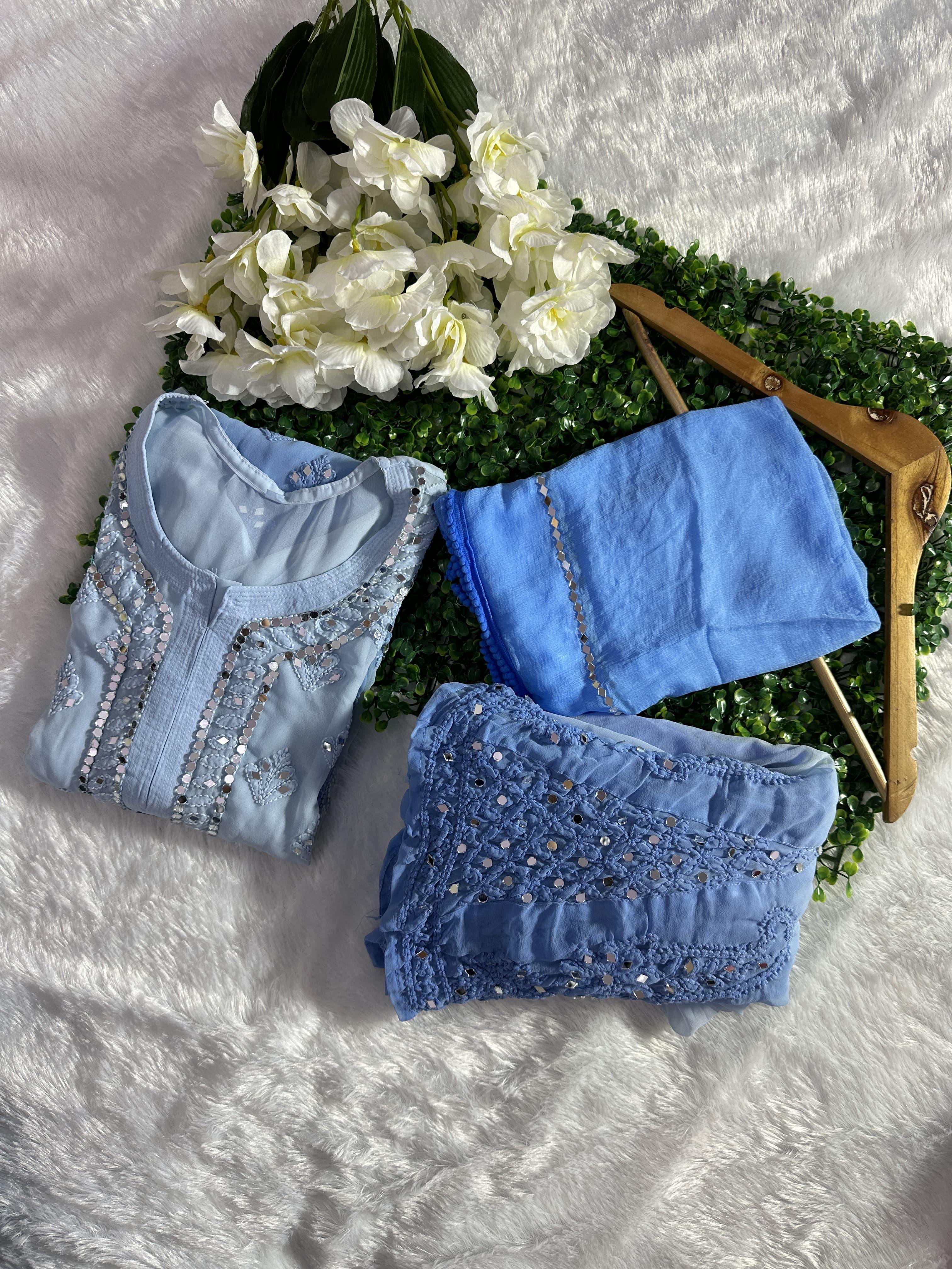 Blue Best Seller Georgette Mirror Gala Booti Chikankari Set with Beautiful Handwork Embroidery - Inayakhan Shop 