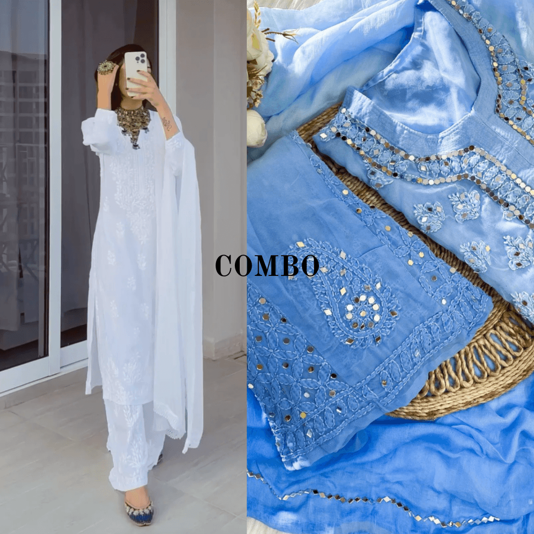 Blue Chikankari Elegance Ombré Mirror Booti Jaal Set + elegant 3 pc White Dyeble Modal Chikankari Kurta Set - Inayakhan Shop 