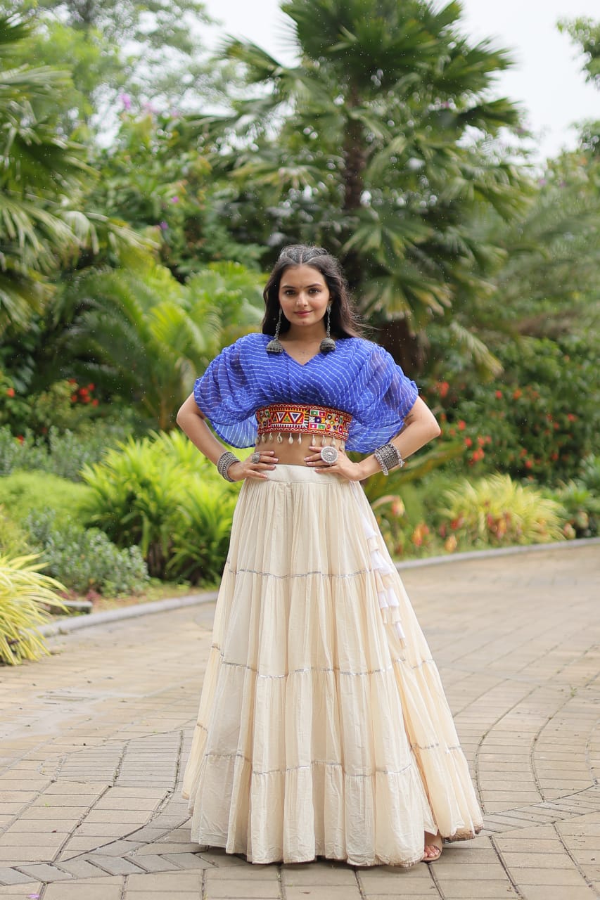 Blue Navratri Twirl: Kora Cotton Garba Lehenga with 12-Meter Flair