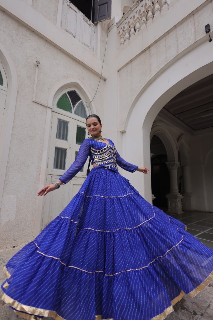 Blue Leheriya Print Garba Navratri Chaniya Choli with 12-Meter Flair