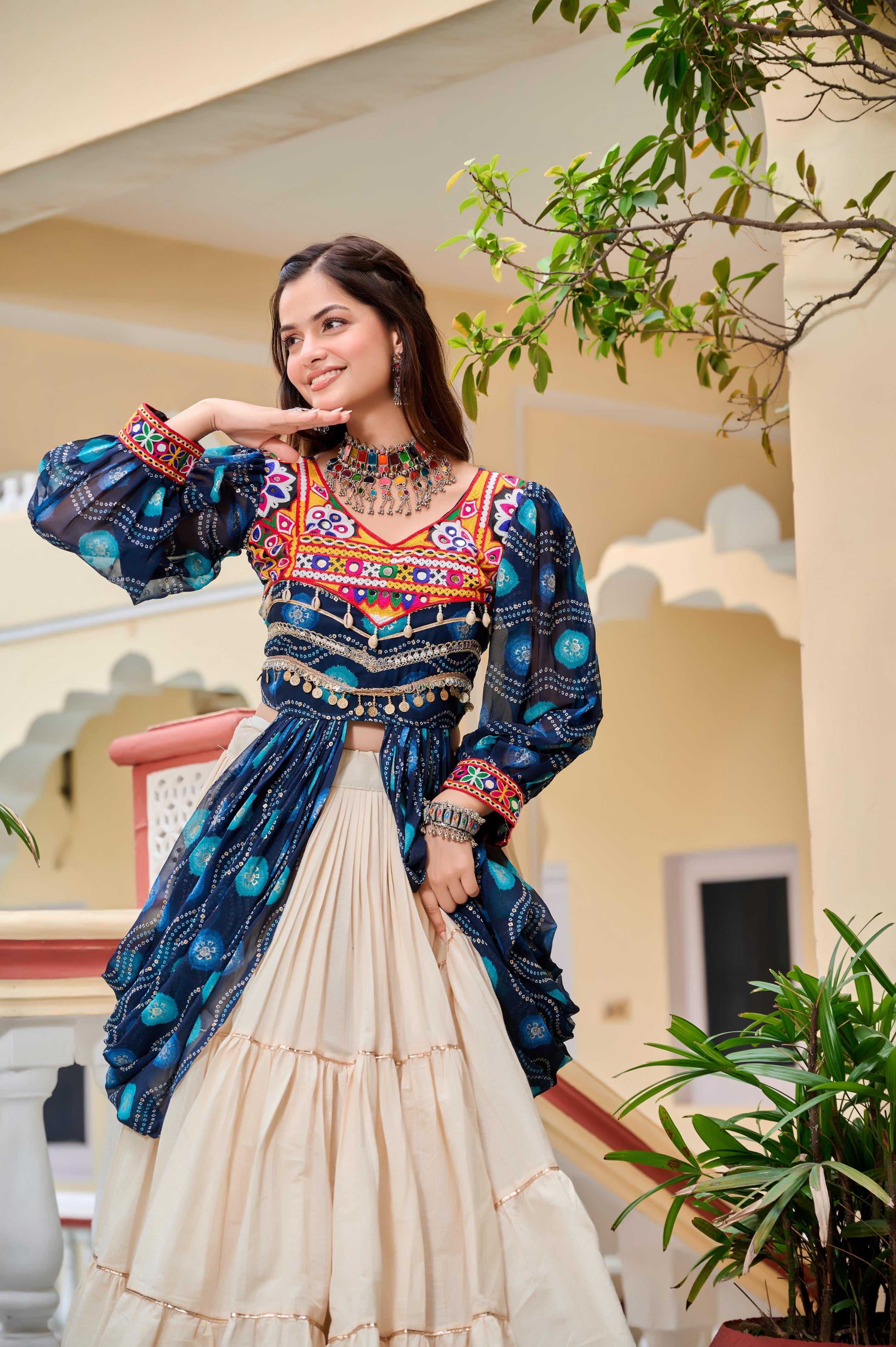 Blue Authentic Gamthi Work Garba Navratri Chaniya Choli with Shrug