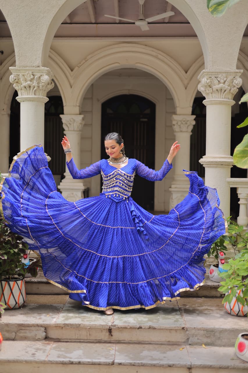 Blue Leheriya Print Garba Navratri Chaniya Choli with 12-Meter Flair