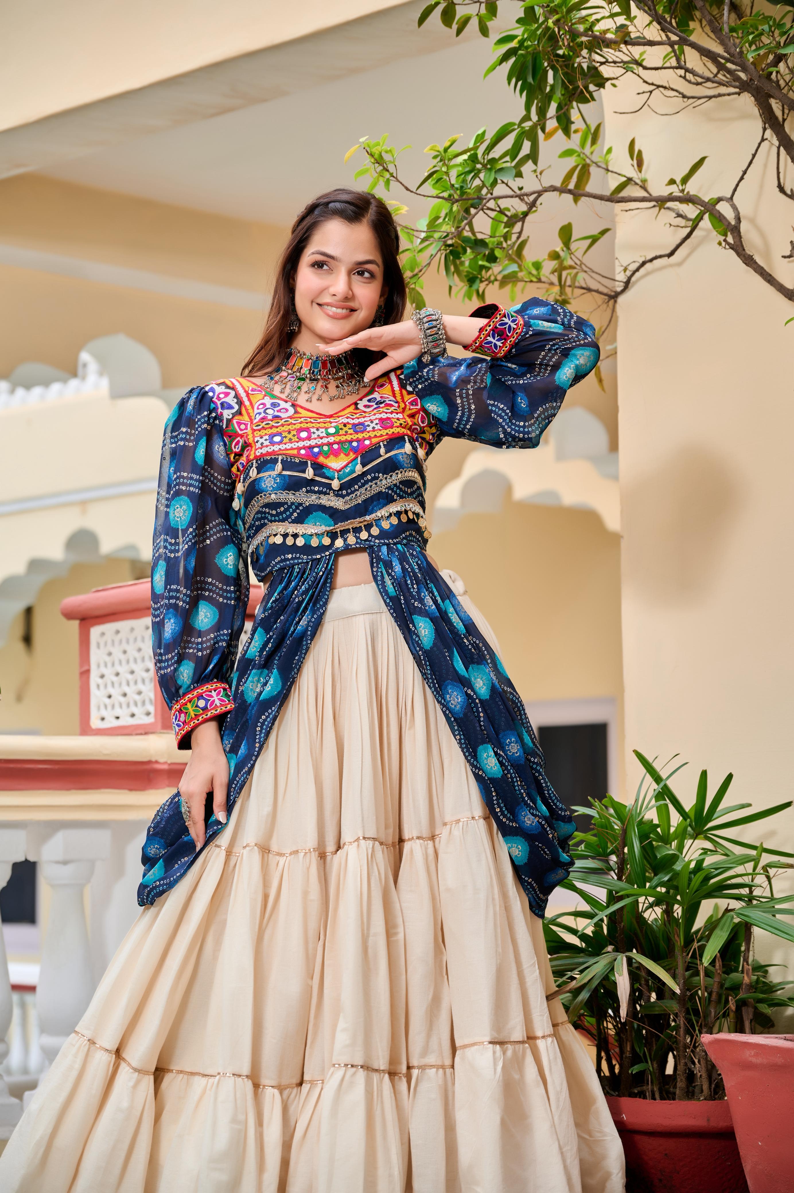 Blue Authentic Gamthi Work Garba Navratri Chaniya Choli with Shrug