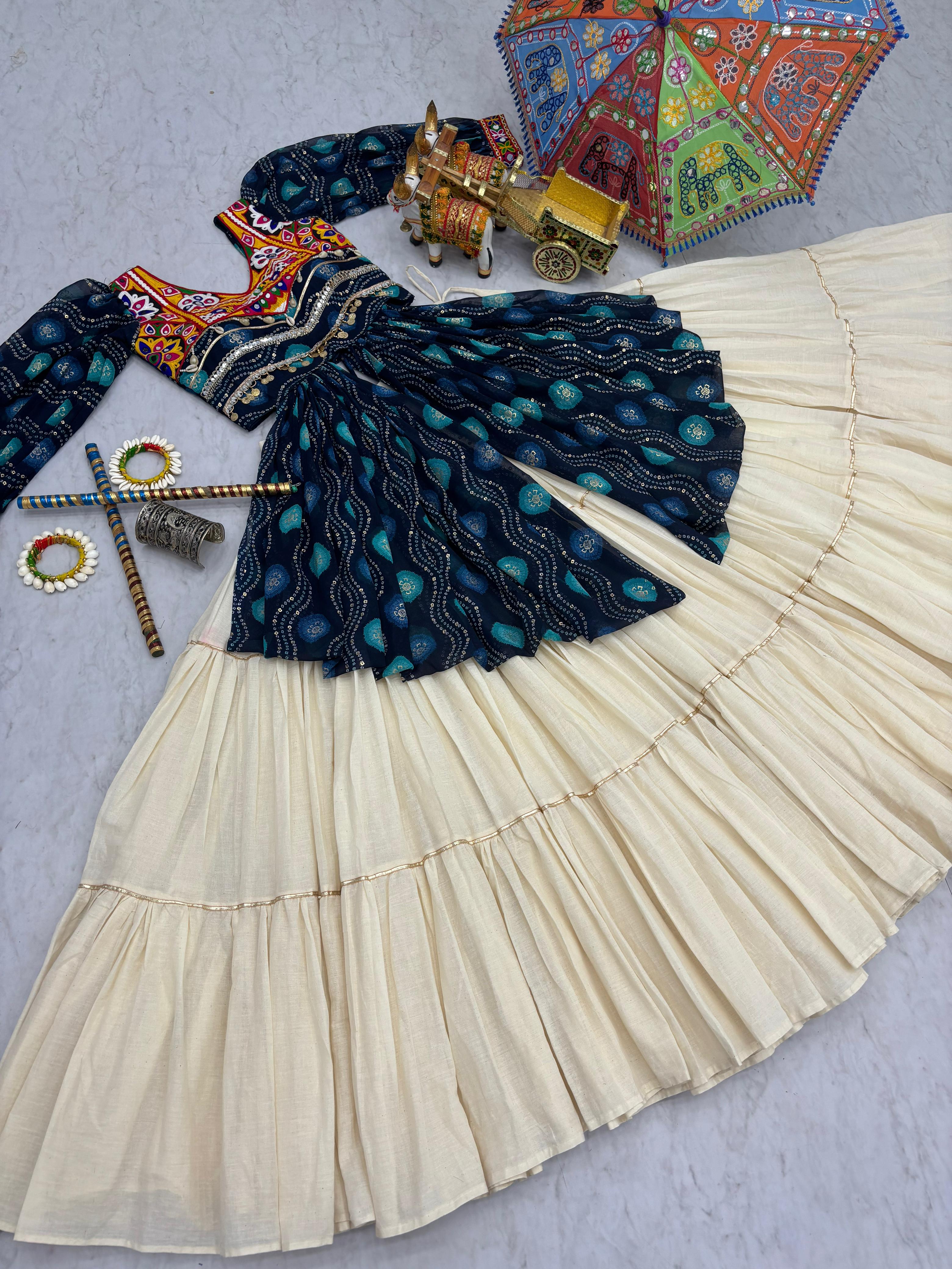 Blue Authentic Gamthi Work Garba Navratri Chaniya Choli with Shrug
