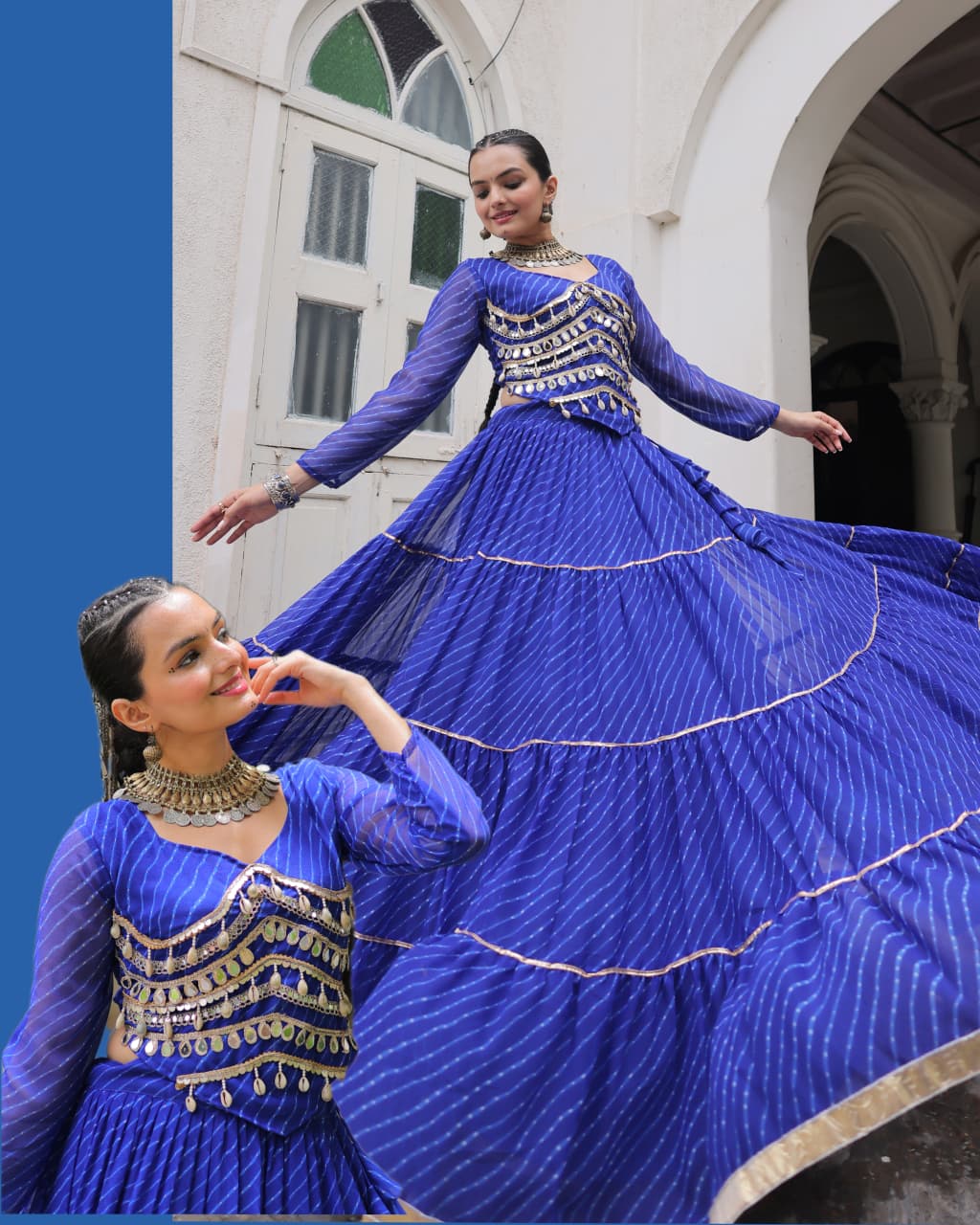 Blue Leheriya Print Garba Navratri Chaniya Choli with 12-Meter Flair