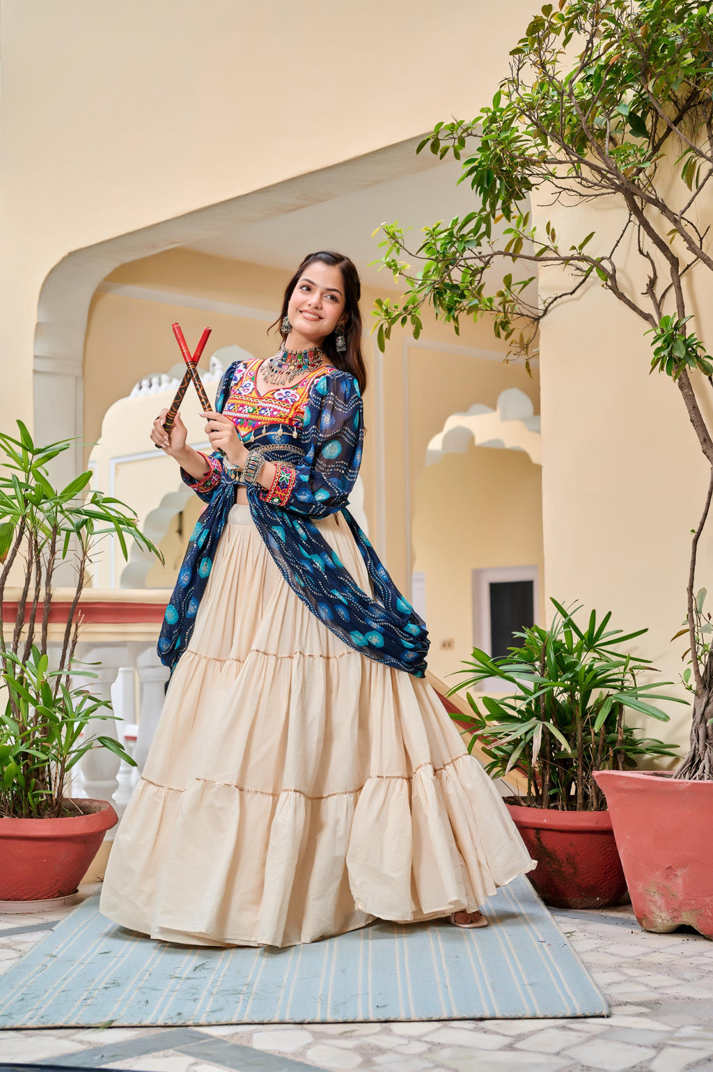 Blue Authentic Gamthi Work Garba Navratri Chaniya Choli with Shrug