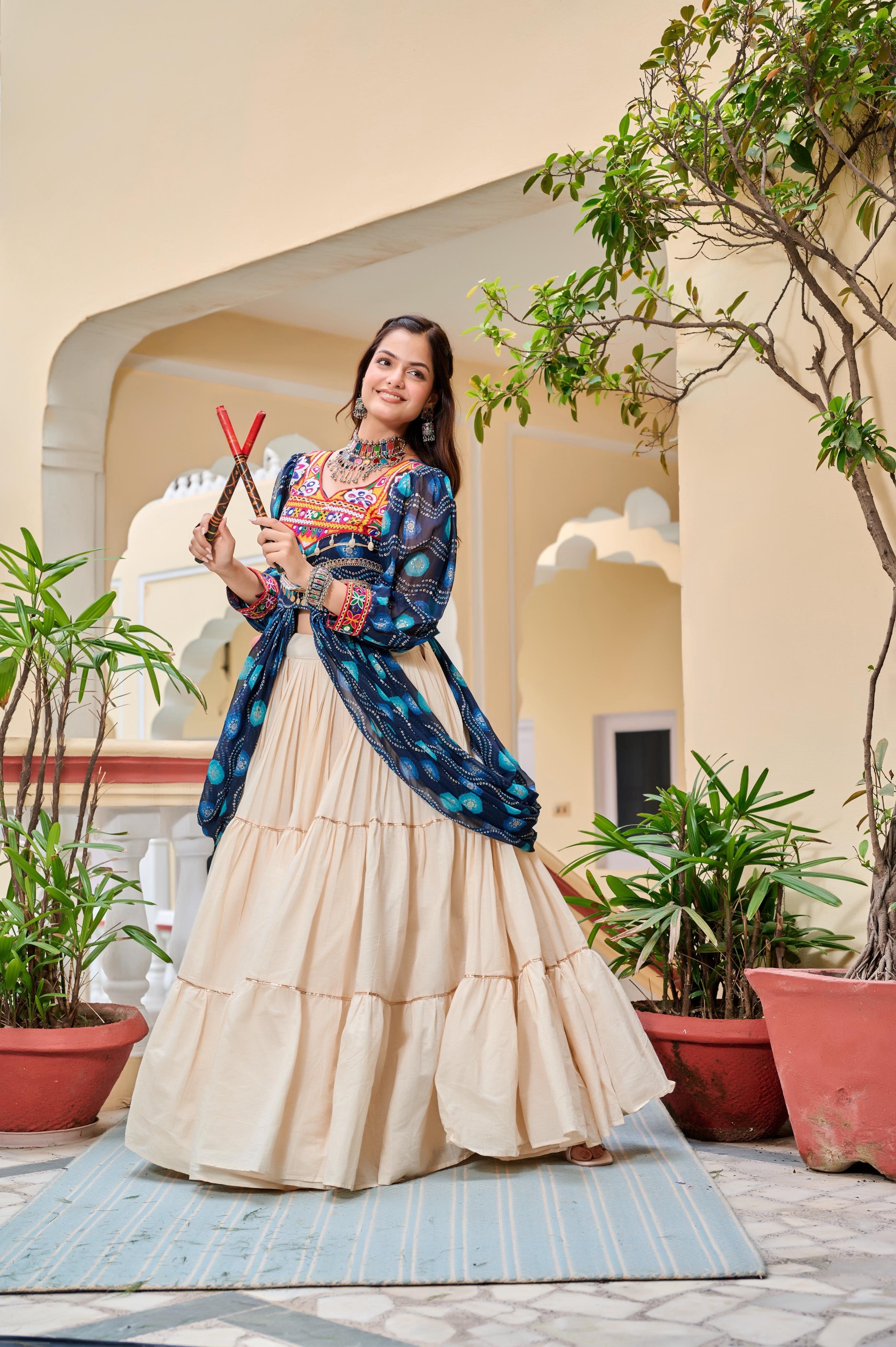 Blue Authentic Gamthi Work Garba Navratri Chaniya Choli with Shrug