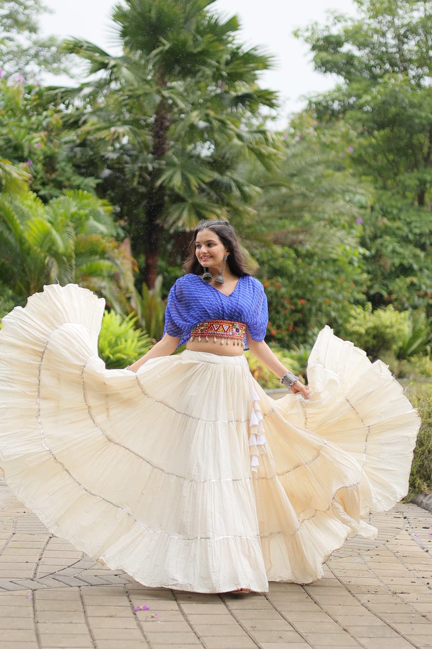 Blue Navratri Twirl: Kora Cotton Garba Lehenga with 12-Meter Flair